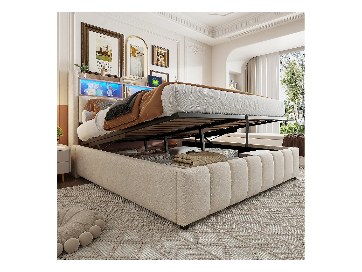 Opbergbed met stofferen hoofdeinde 180x200 cm - met LED-verlichting + USB-poort - Linnen - beige (zonder matras)