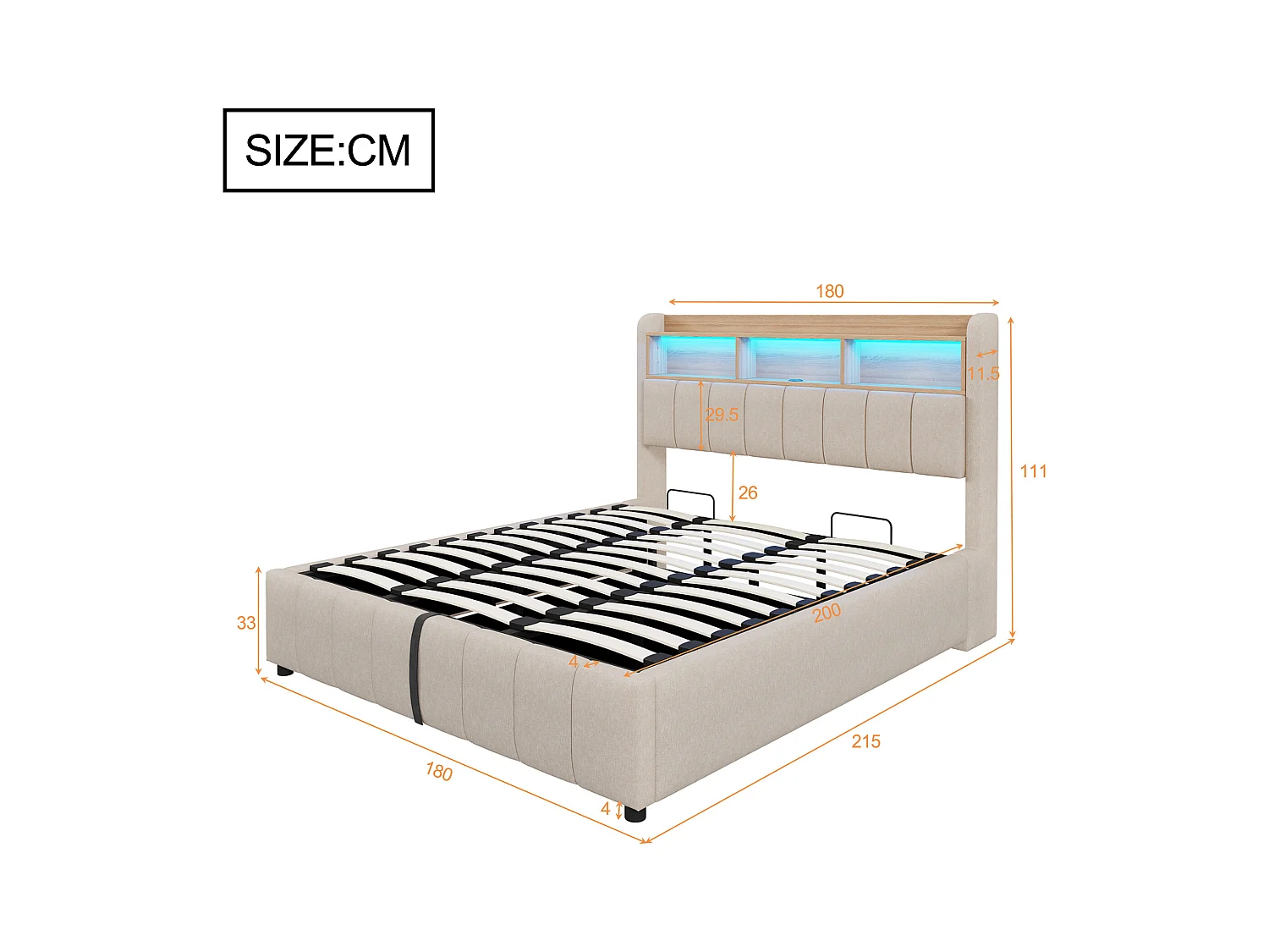 Opbergbed met stofferen hoofdeinde 180x200 cm - met LED-verlichting + USB-poort - Linnen - beige (zonder matras)