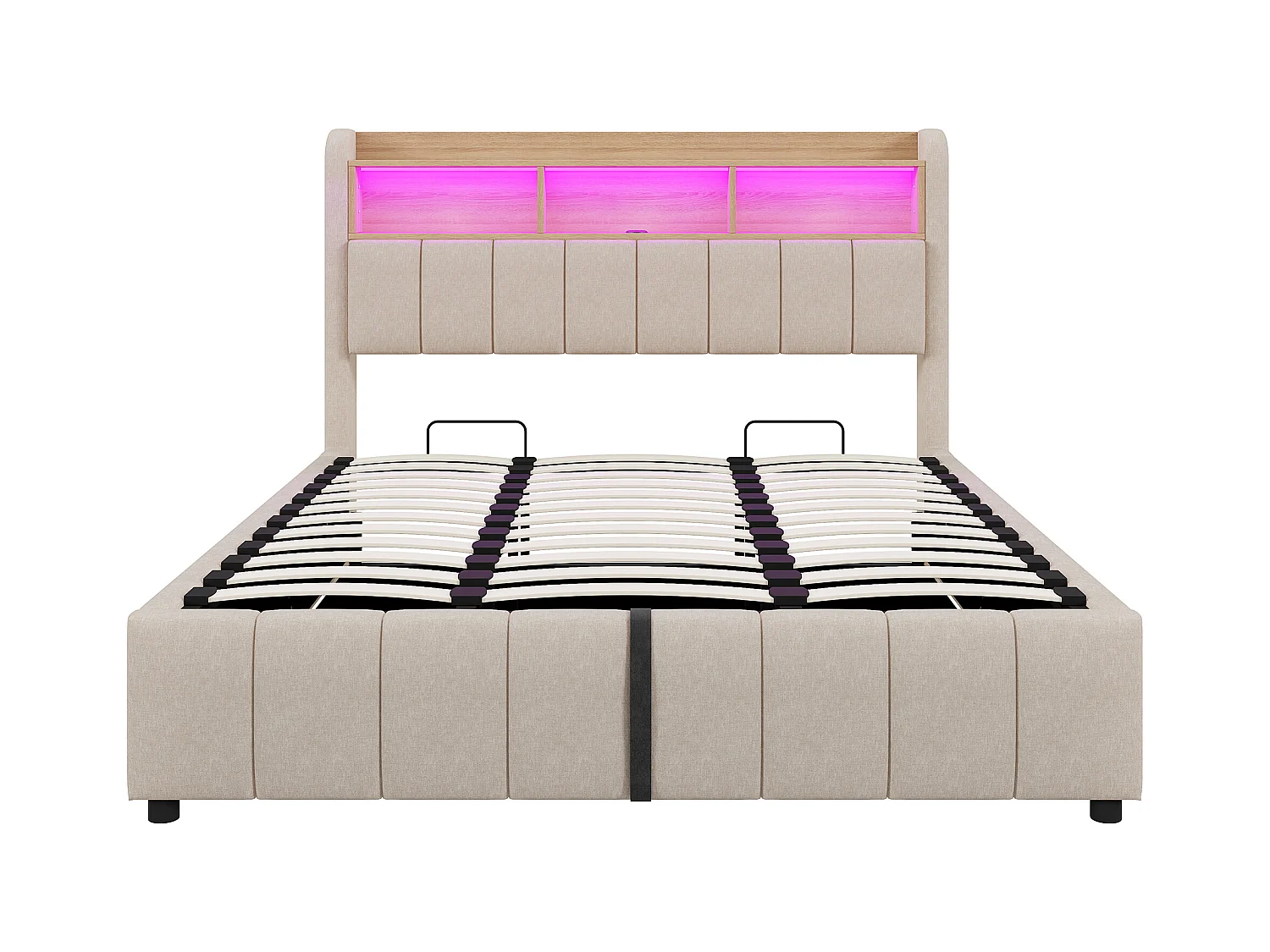 Opbergbed met stofferen hoofdeinde 180x200 cm - met LED-verlichting + USB-poort - Linnen - beige (zonder matras)