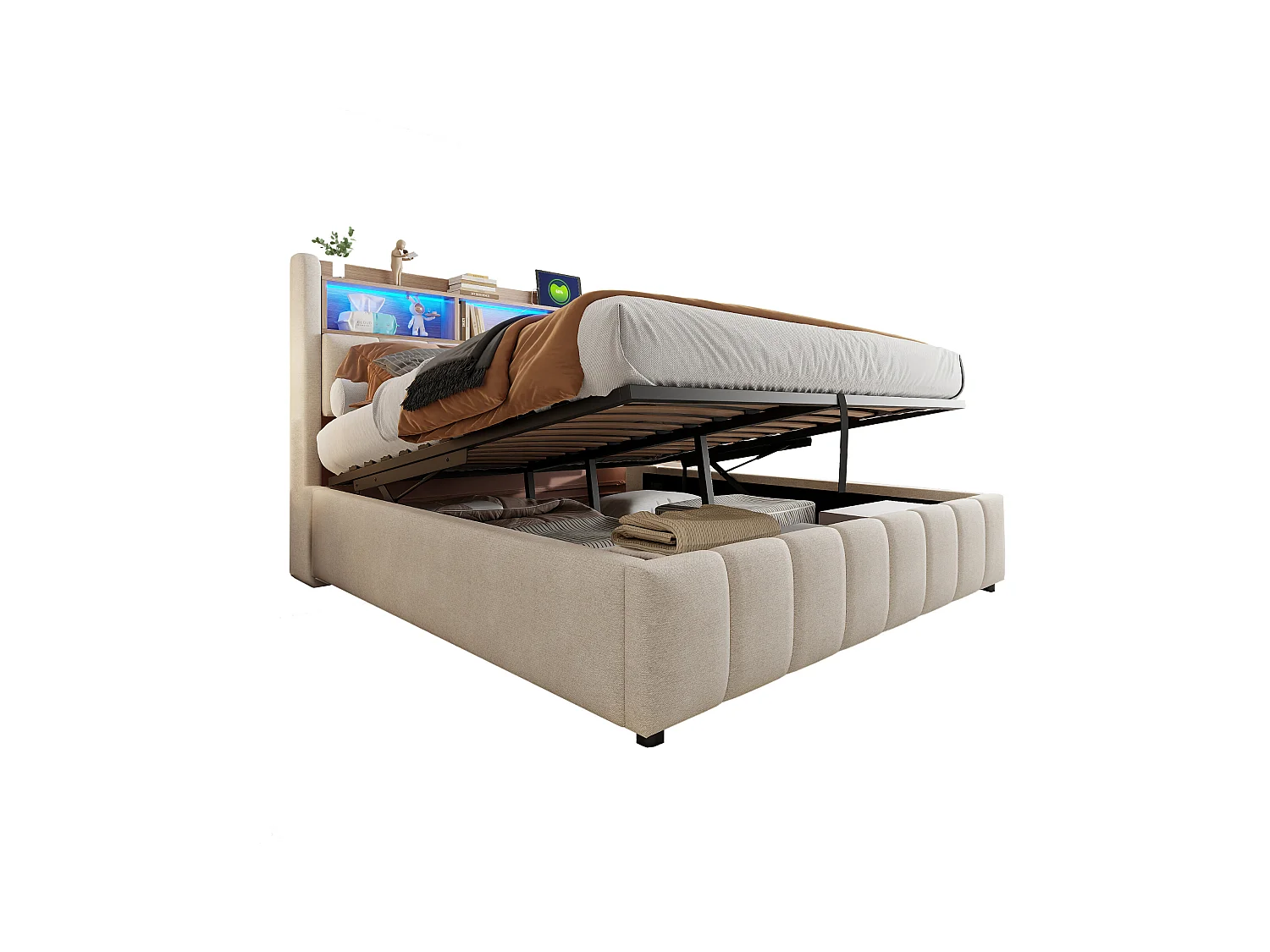Opbergbed met stofferen hoofdeinde 180x200 cm - met LED-verlichting + USB-poort - Linnen - beige (zonder matras)