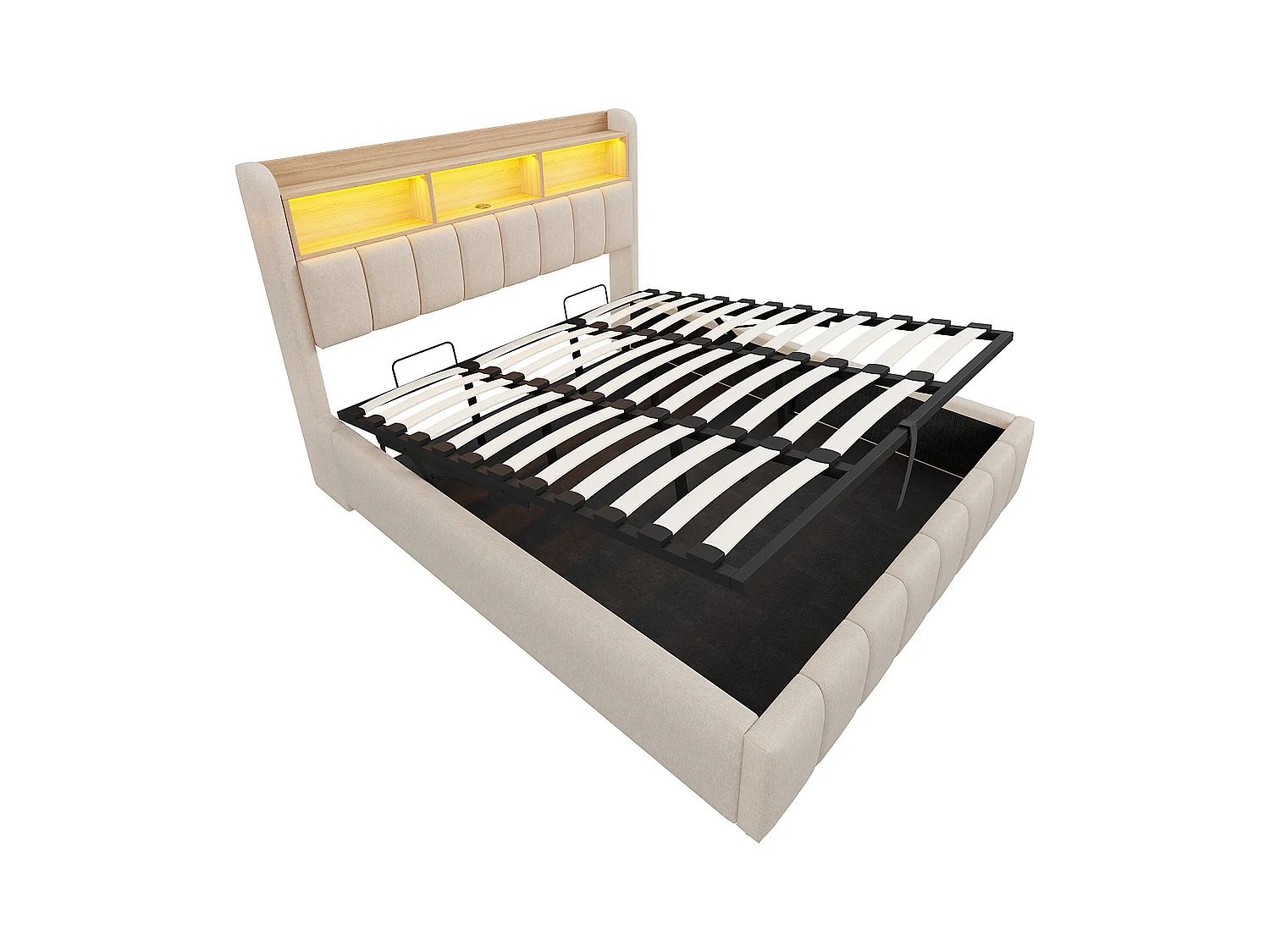 Opbergbed met stofferen hoofdeinde 180x200 cm - met LED-verlichting + USB-poort - Linnen - beige (zonder matras)