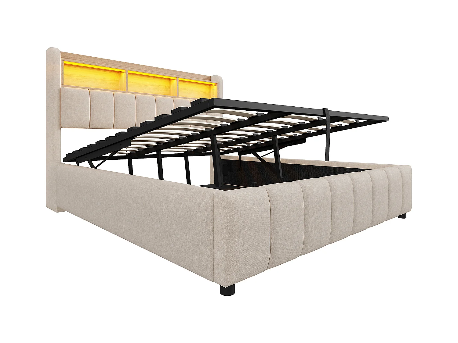 Opbergbed met stofferen hoofdeinde 180x200 cm - met LED-verlichting + USB-poort - Linnen - beige (zonder matras)