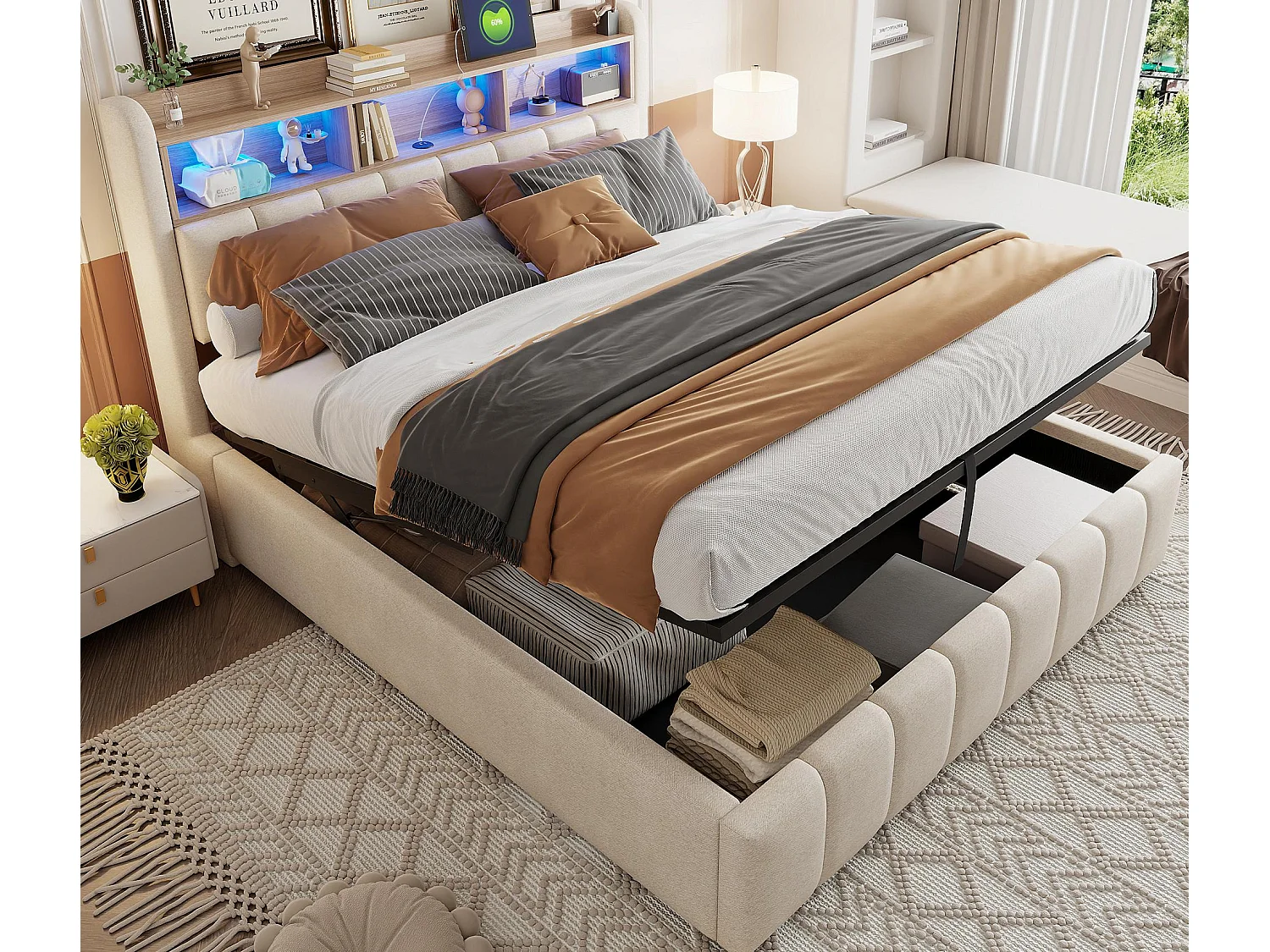 Polsterbett mit Stauraum 180x200 cm - mit LED-Beleuchtung + USB-Anschluss - Leinen - beige (ohne Matratze)