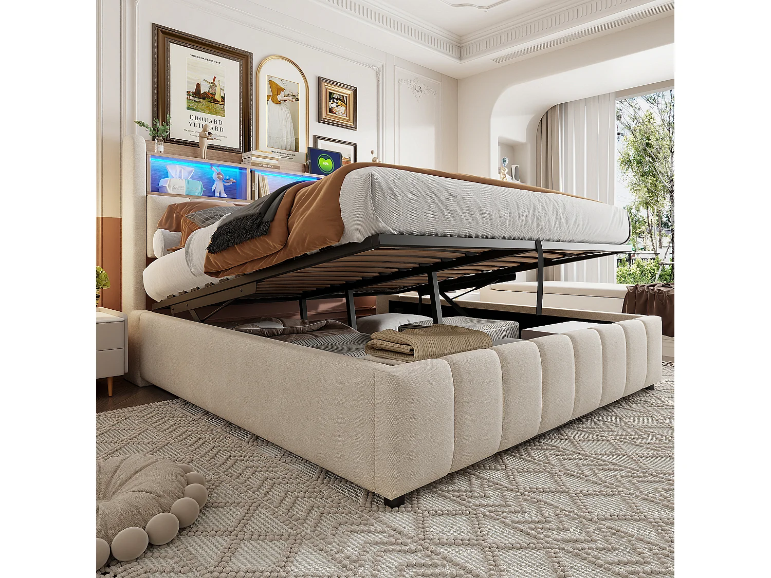 Polsterbett mit Stauraum 180x200 cm - mit LED-Beleuchtung + USB-Anschluss - Leinen - beige (ohne Matratze)