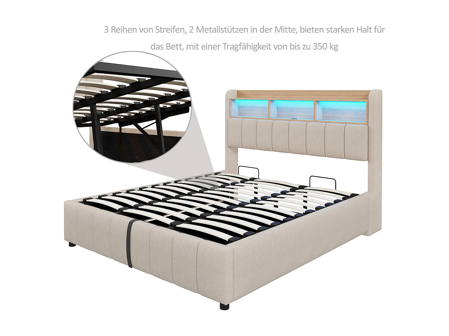 Polsterbett mit Stauraum 180x200 cm - mit LED-Beleuchtung + USB-Anschluss - Leinen - beige (ohne Matratze)