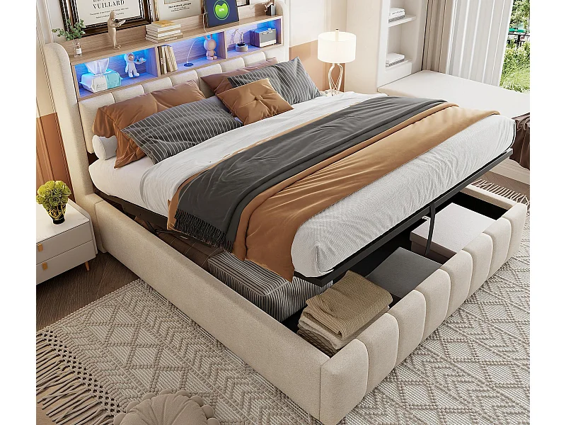 Łóżko z pojemnikiem i tapicerowanym zagłówkiem 180x200 cm - z oświetleniem LED + portem USB - Len - beżowe (bez materaca)