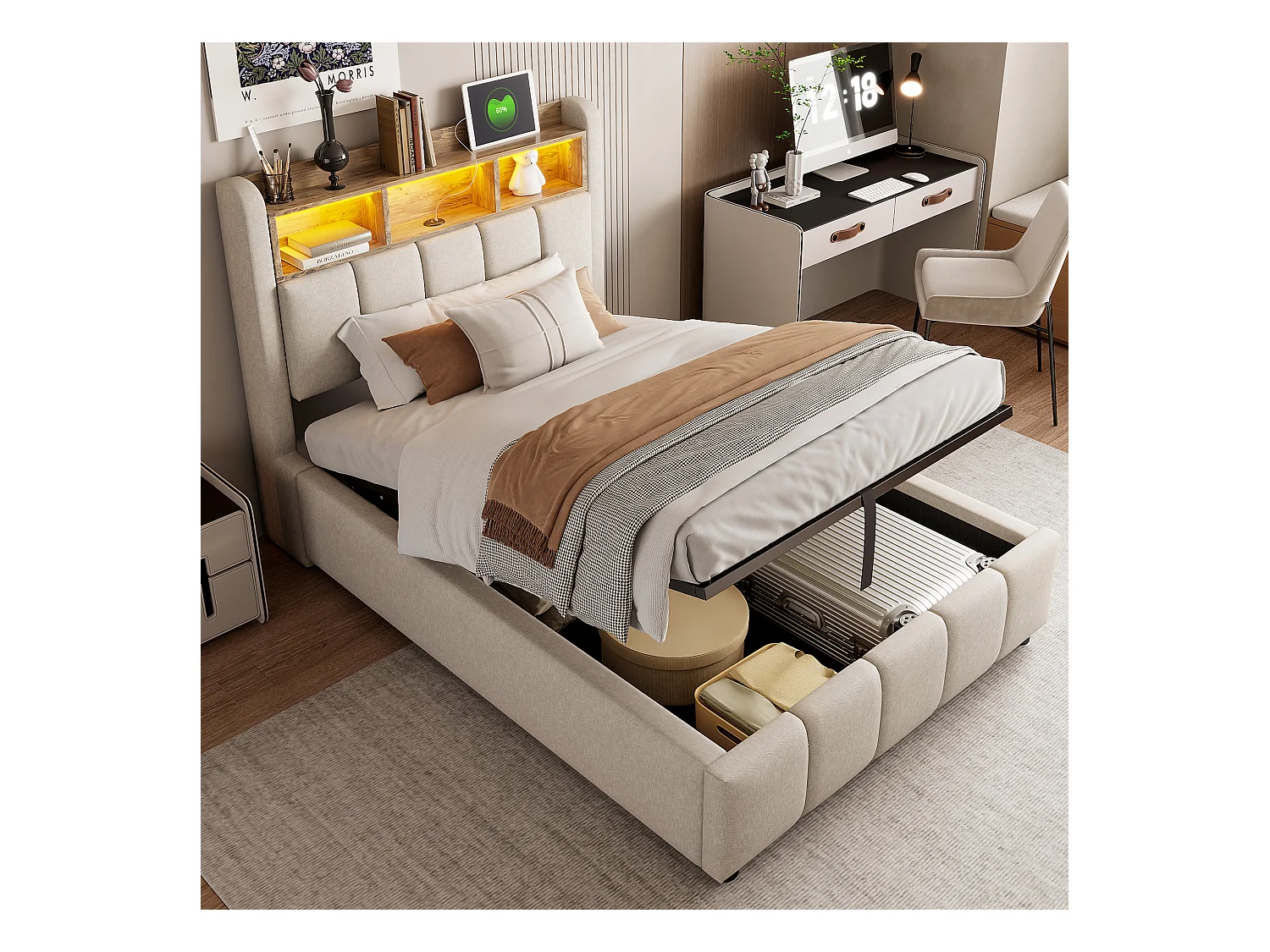 Lit coffre capitonné 90x200cm - avec éclairage LED + port USB - Lin - Beige (sans matelas)