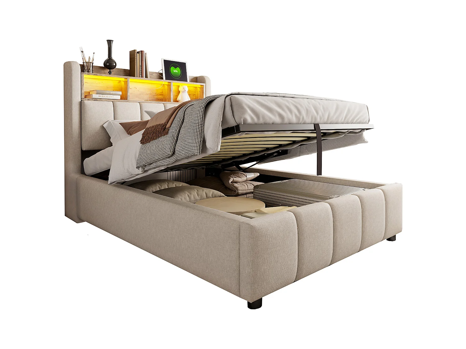 Lit coffre capitonné 90x200cm - avec éclairage LED + port USB - Lin - Beige (sans matelas)