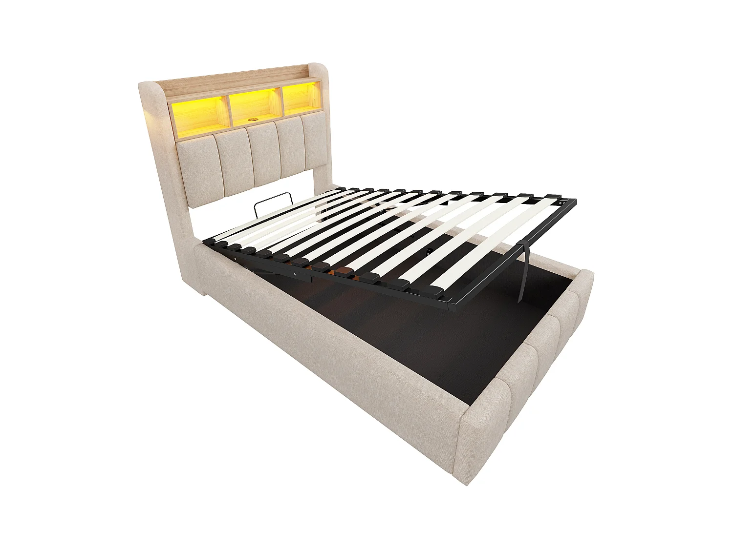 Lit coffre capitonné 90x200cm - avec éclairage LED + port USB - Lin - Beige (sans matelas)