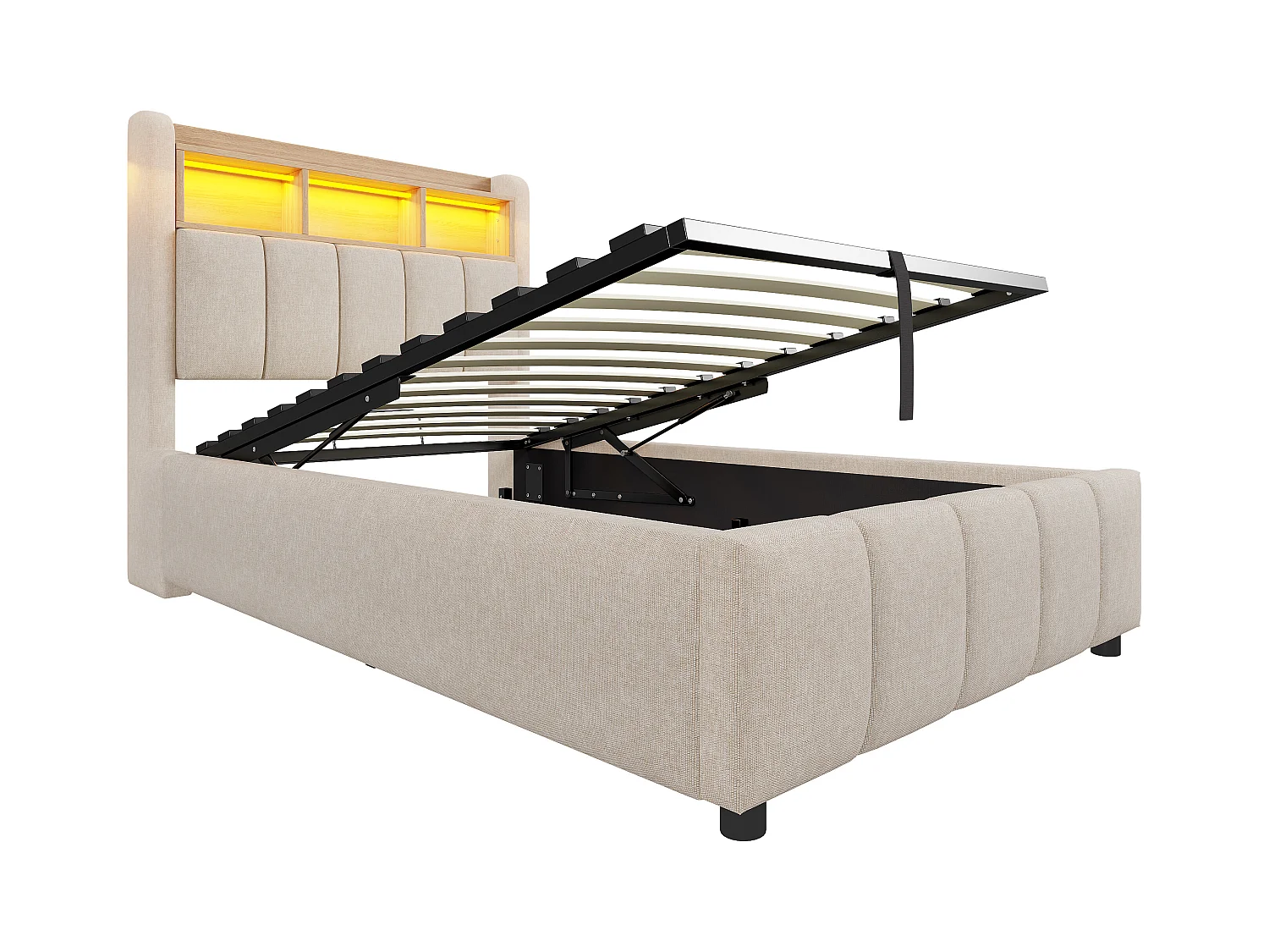 Lit coffre capitonné 90x200cm - avec éclairage LED + port USB - Lin - Beige (sans matelas)