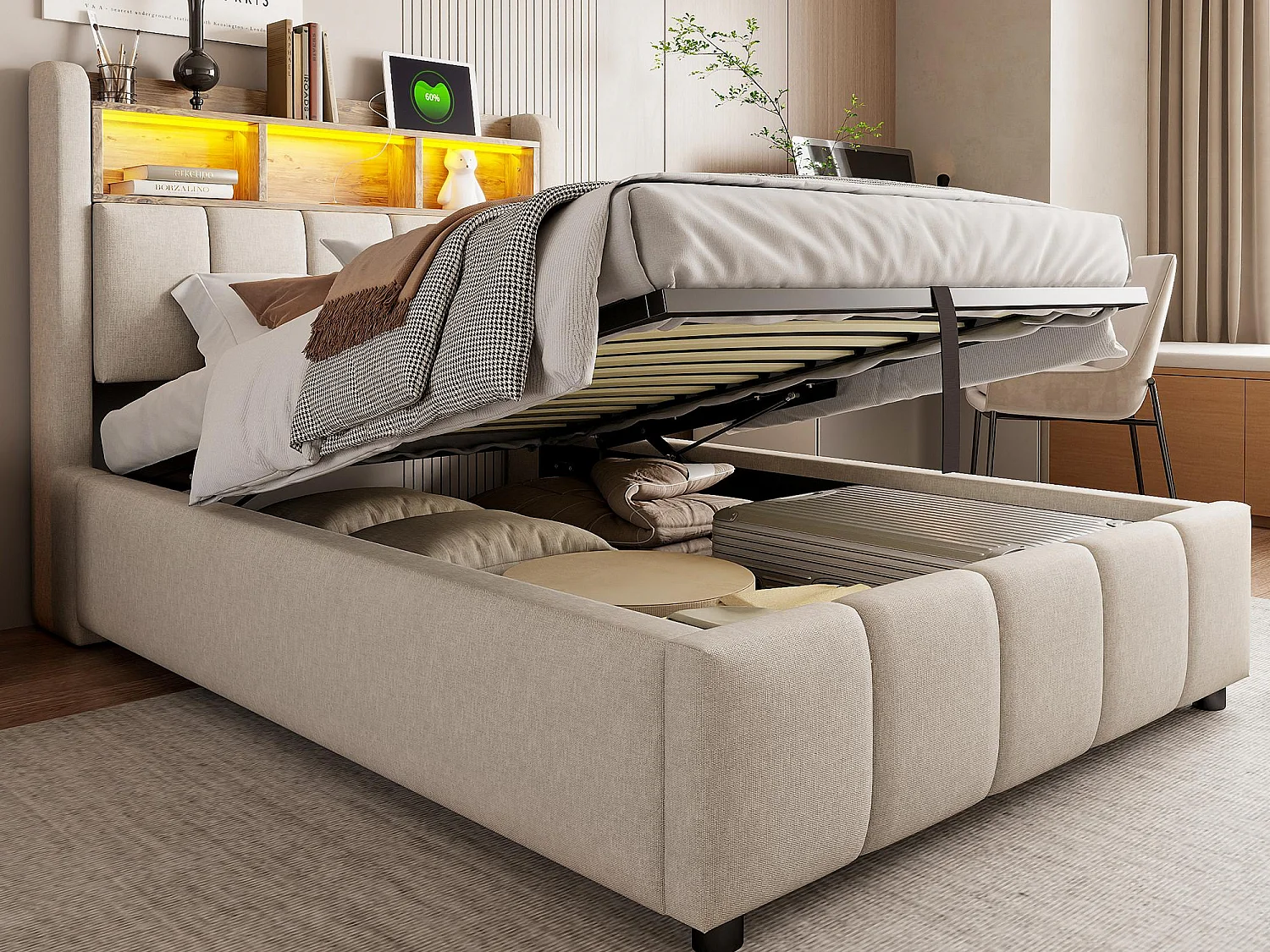 Polsterbett mit Stauraum 90x200 cm - mit LED-Beleuchtung + USB-Anschluss - Leinen - beige (ohne Matratze)