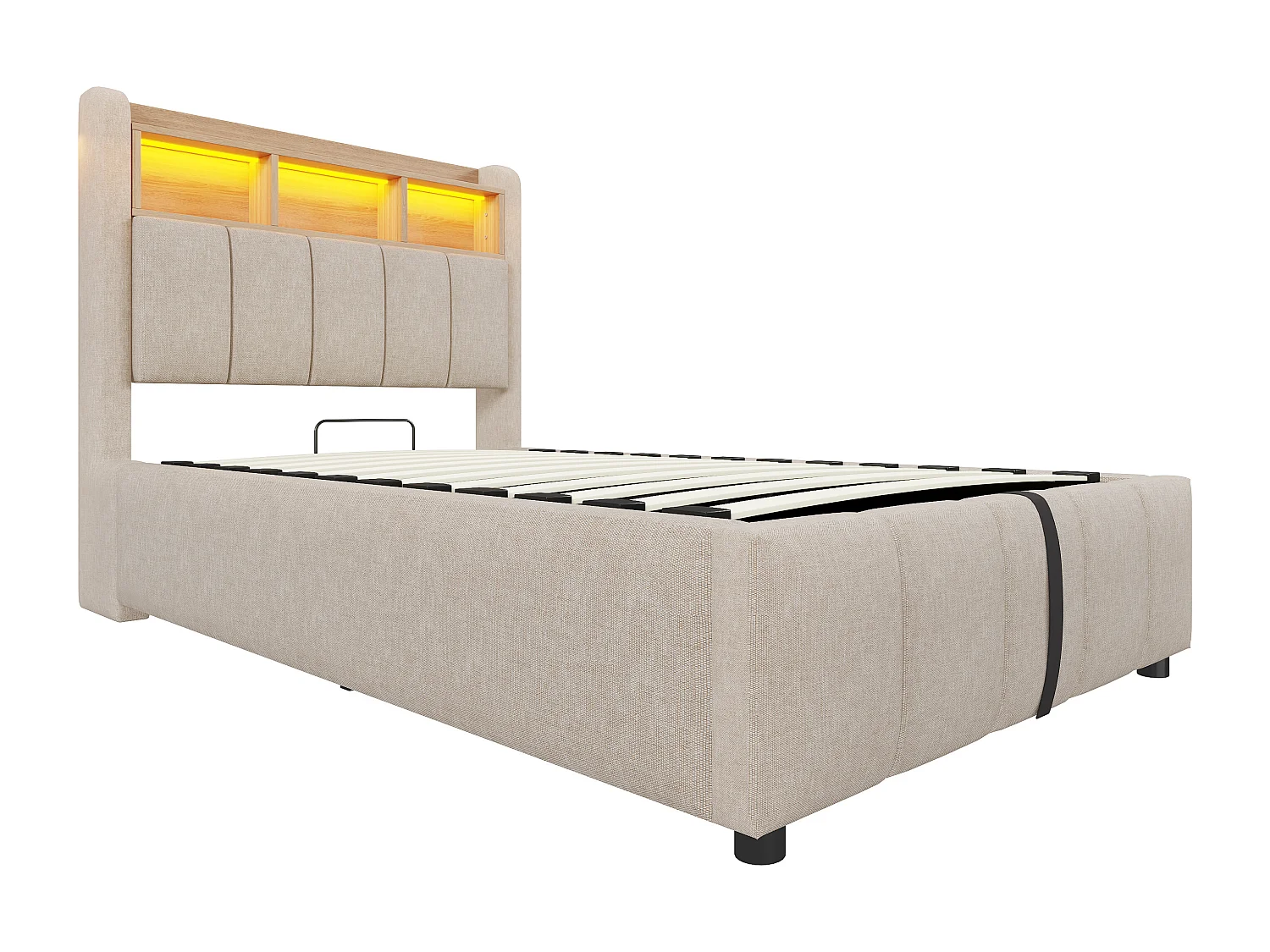 Polsterbett mit Stauraum 90x200 cm - mit LED-Beleuchtung + USB-Anschluss - Leinen - beige (ohne Matratze)