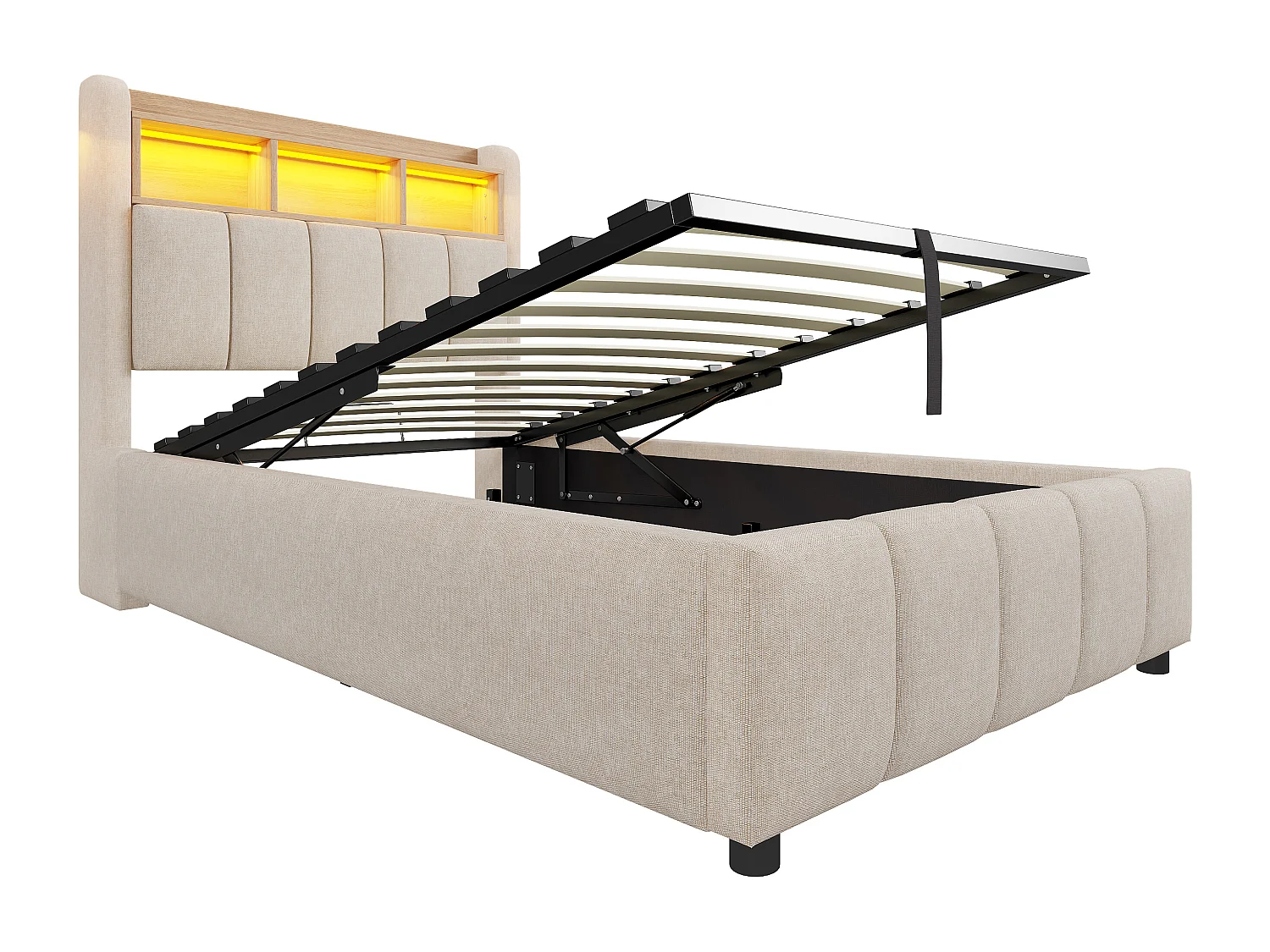 Polsterbett mit Stauraum 90x200 cm - mit LED-Beleuchtung + USB-Anschluss - Leinen - beige (ohne Matratze)