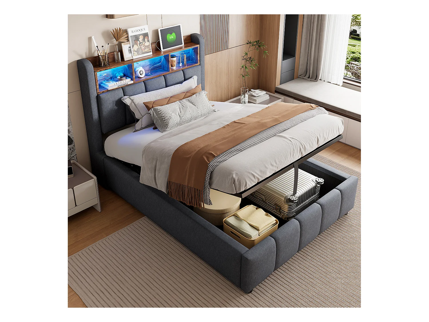 Lit coffre capitonné 90x200cm - avec éclairage LED + port USB - Lin - gris (sans matelas)