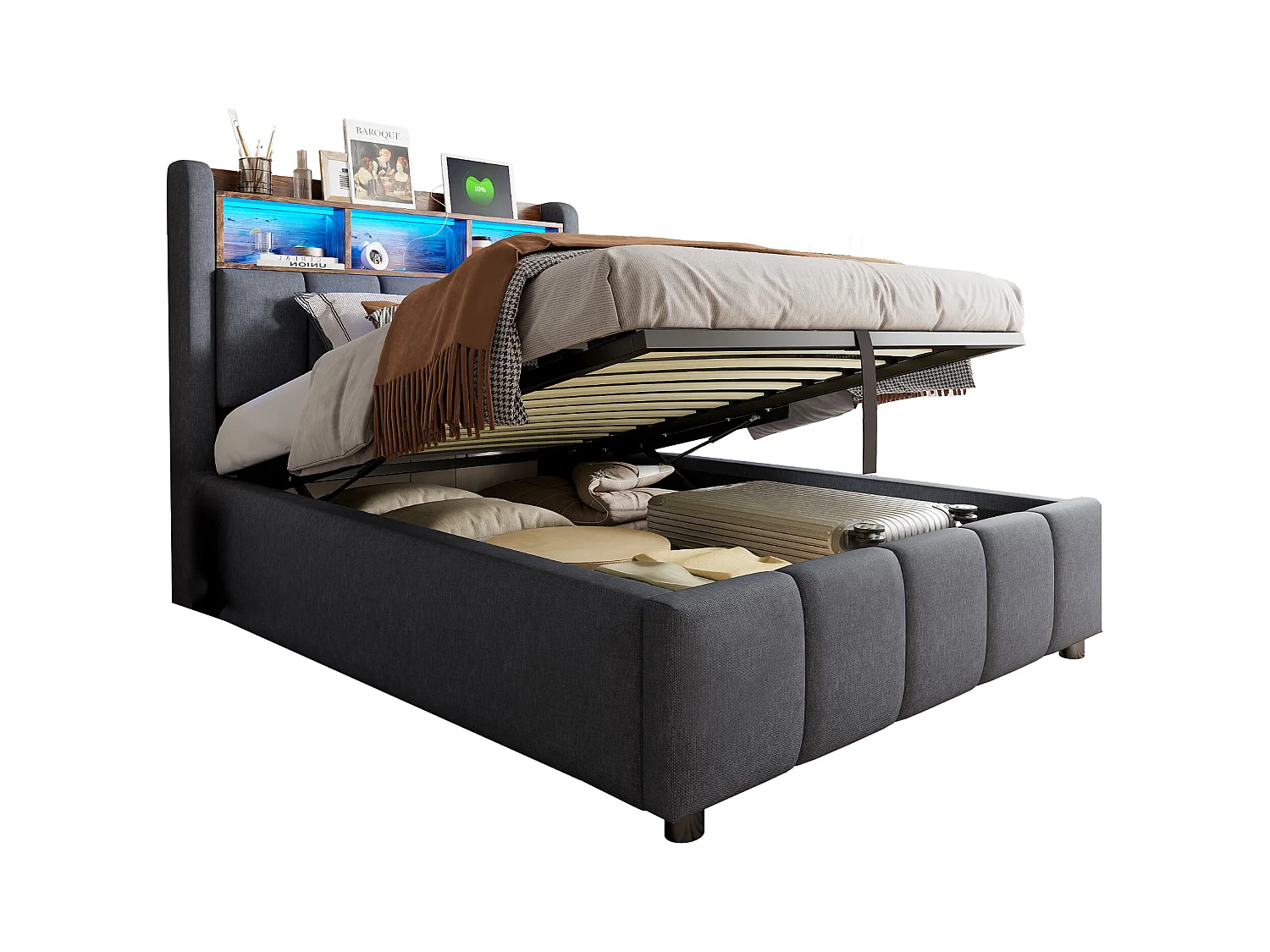 Lit coffre capitonné 90x200cm - avec éclairage LED + port USB - Lin - gris (sans matelas)