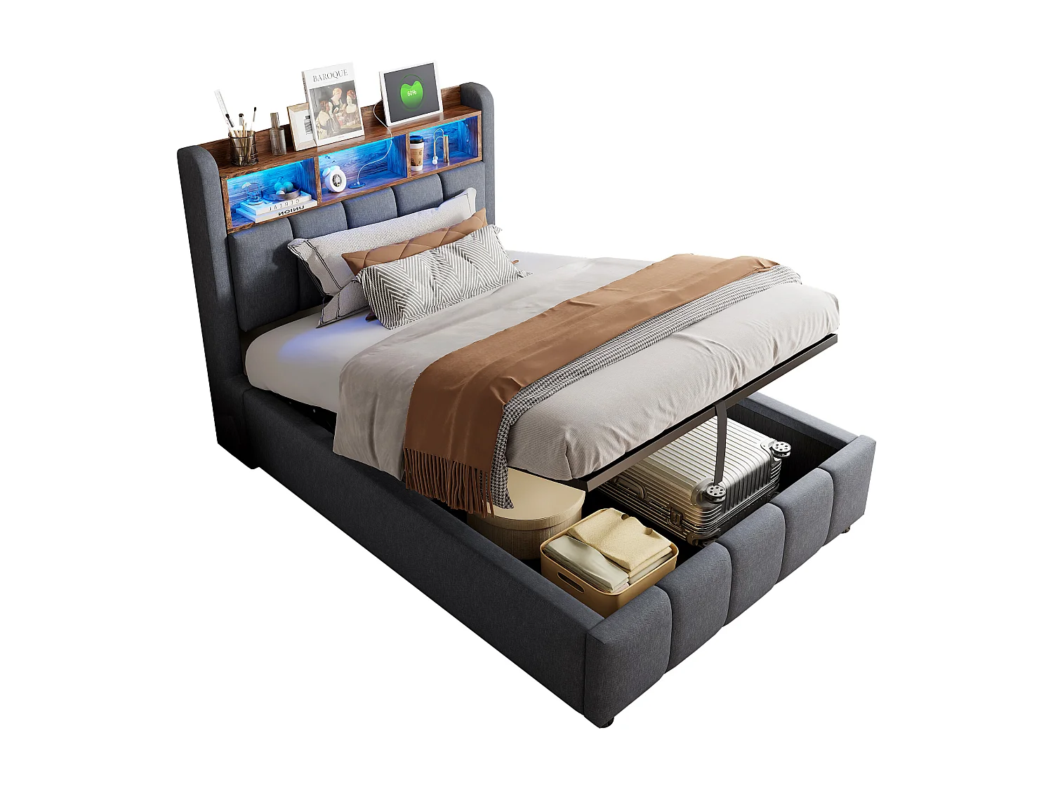 Lit coffre capitonné 90x200cm - avec éclairage LED + port USB - Lin - gris (sans matelas)