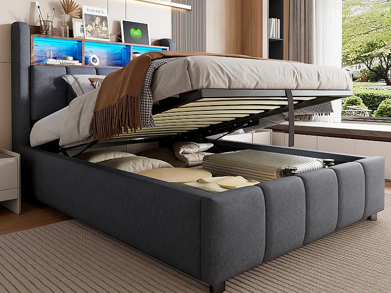 Letto contenitore imbottito 90x200 cm - con illuminazione LED + porta USB - Lino - grigio (senza materasso)