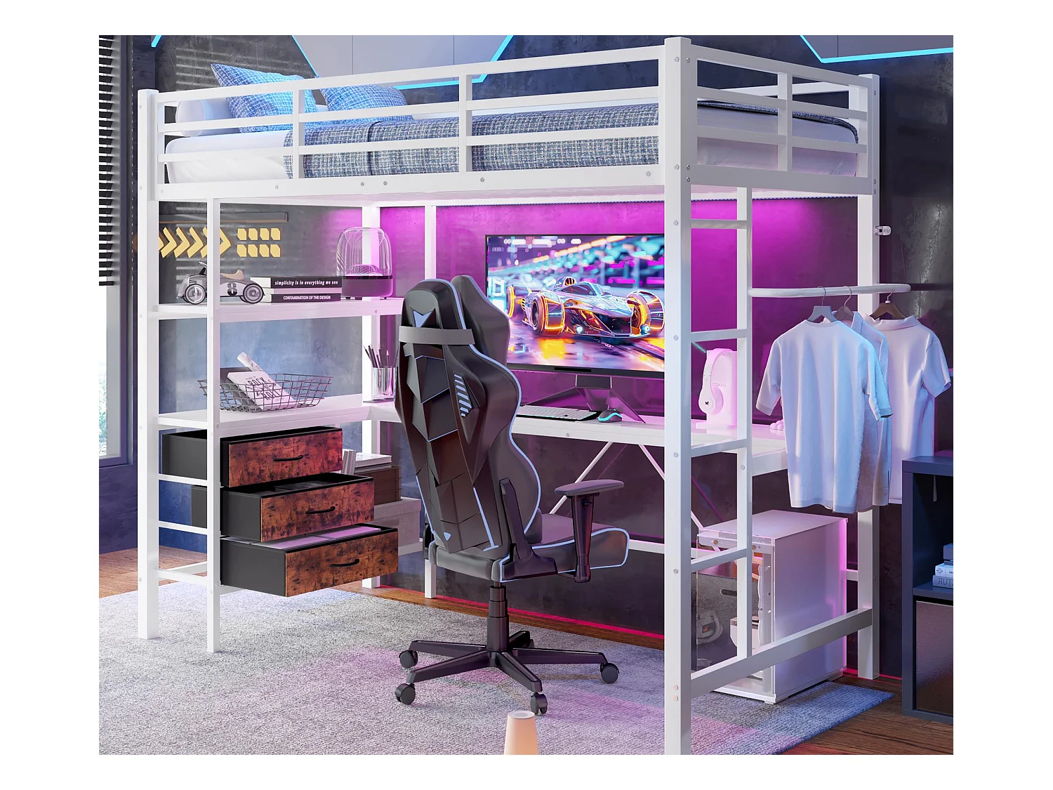 Lit mezzanine 90x200 cm - avec éclairage LED - avec bureau - avec 3 tiroirs - blanc (sans matelas)