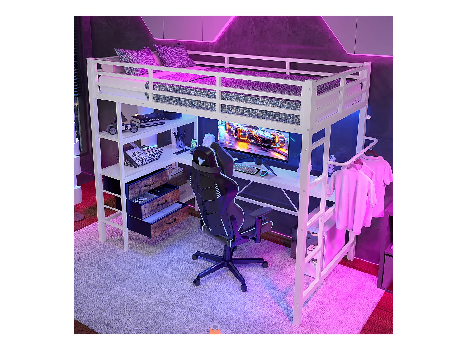 Lit mezzanine 90x200 cm - avec éclairage LED - avec bureau - avec 3 tiroirs - blanc (sans matelas)
