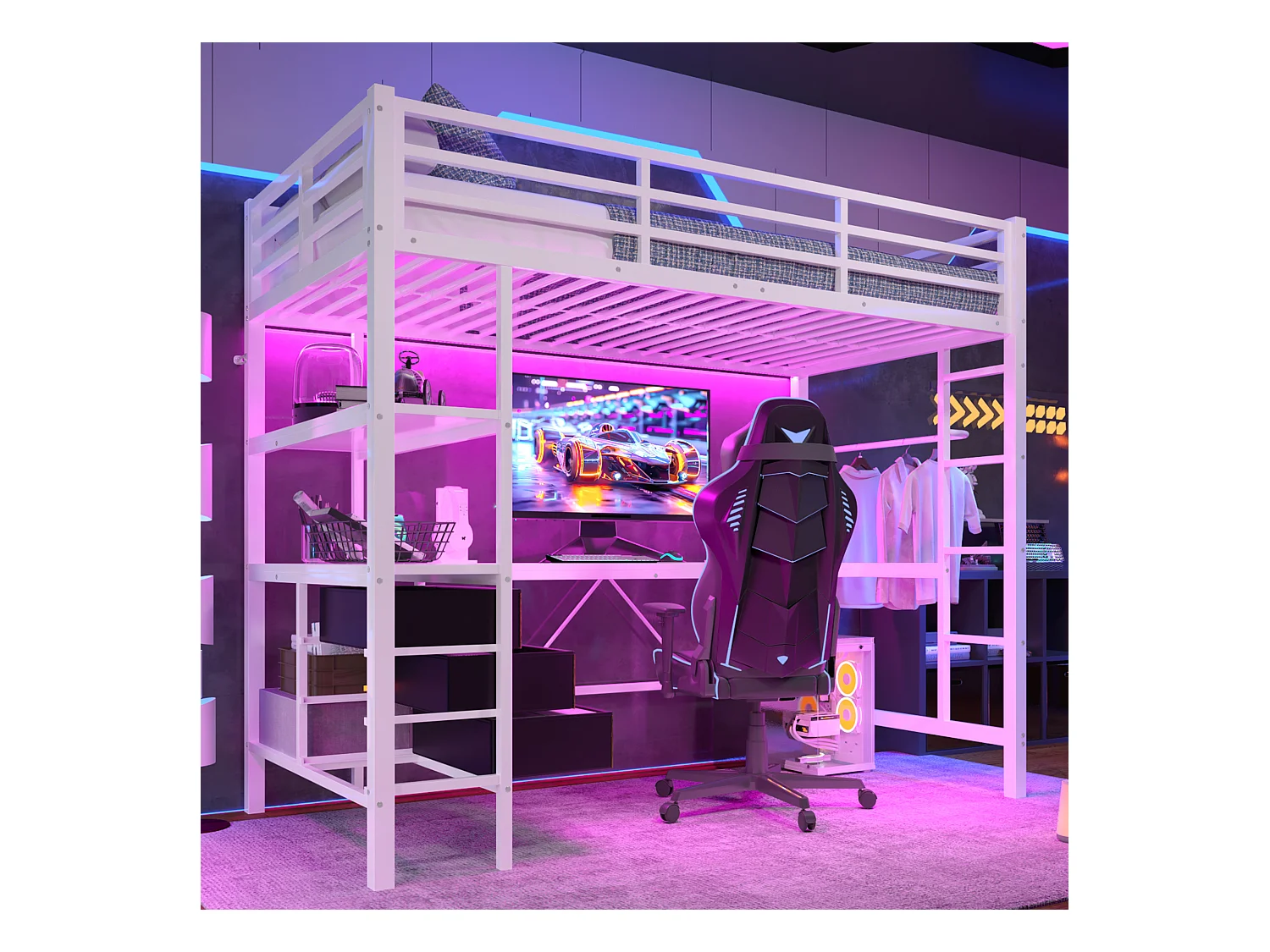 Lit mezzanine 90x200 cm - avec éclairage LED - avec bureau - avec 3 tiroirs - blanc (sans matelas)