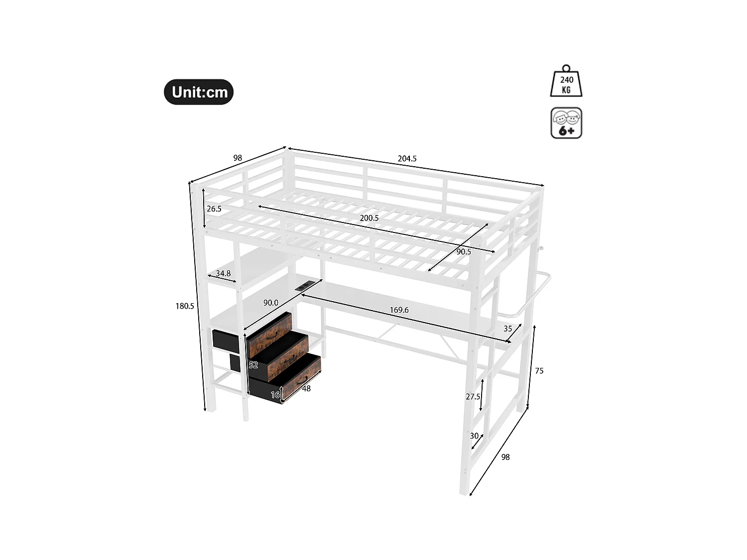 Lit mezzanine 90x200 cm - avec éclairage LED - avec bureau - avec 3 tiroirs - blanc (sans matelas)