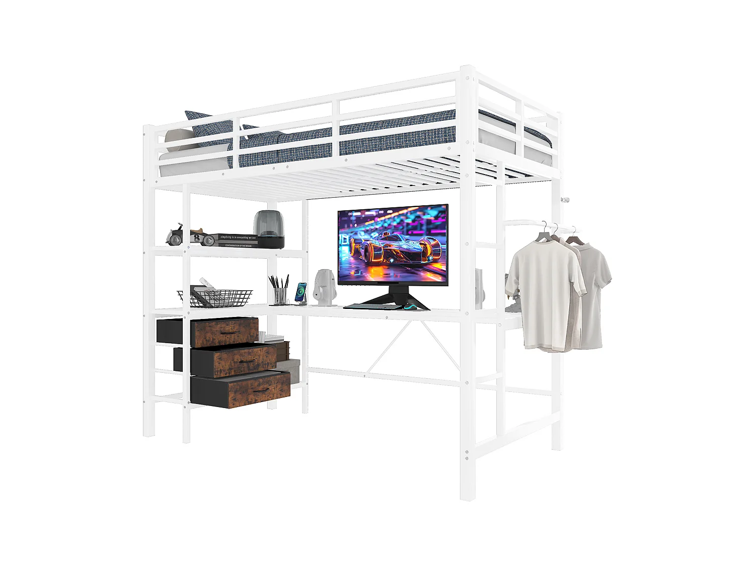 Lit mezzanine 90x200 cm - avec éclairage LED - avec bureau - avec 3 tiroirs - blanc (sans matelas)