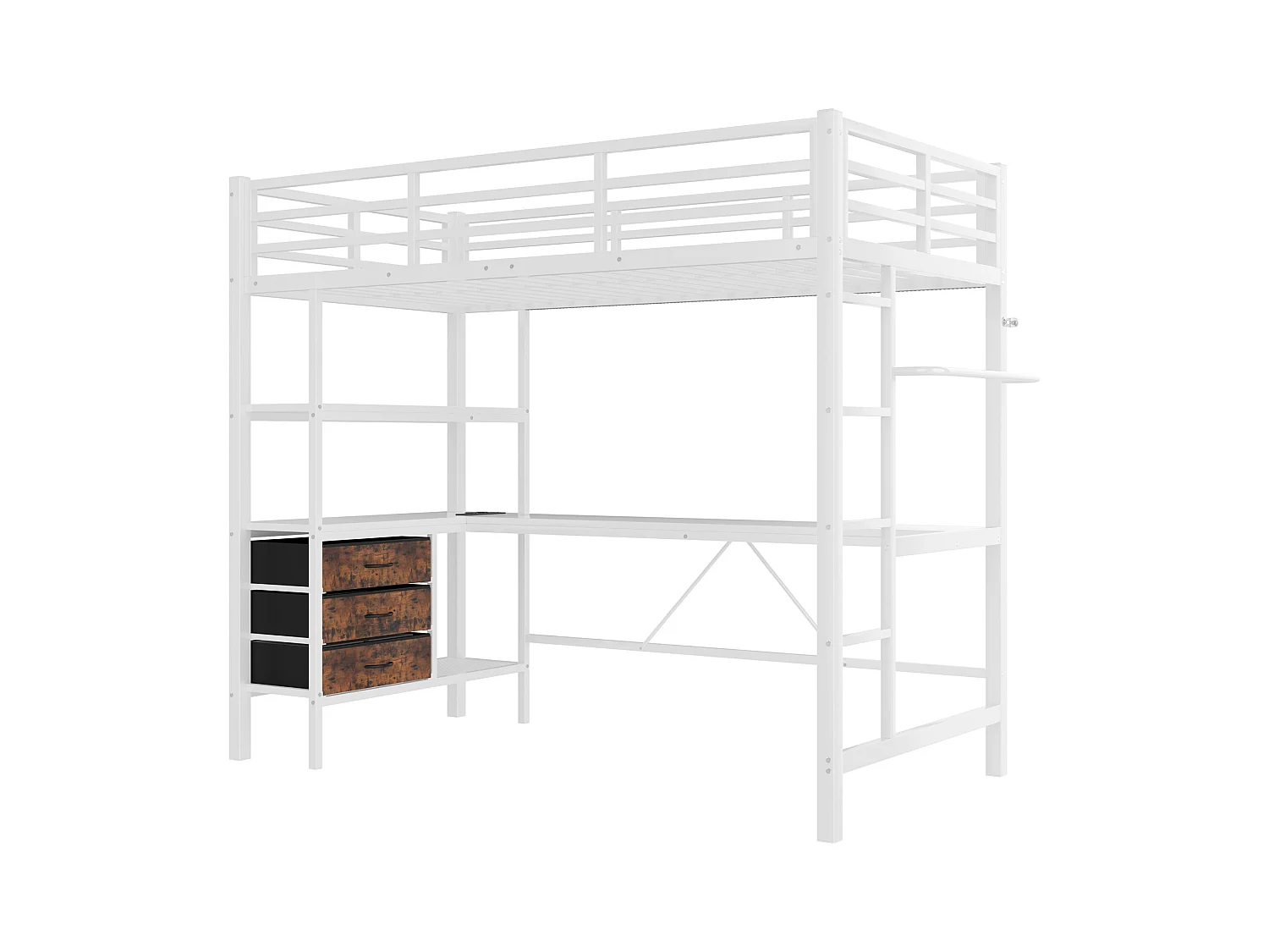 Lit mezzanine 90x200 cm - avec éclairage LED - avec bureau - avec 3 tiroirs - blanc (sans matelas)