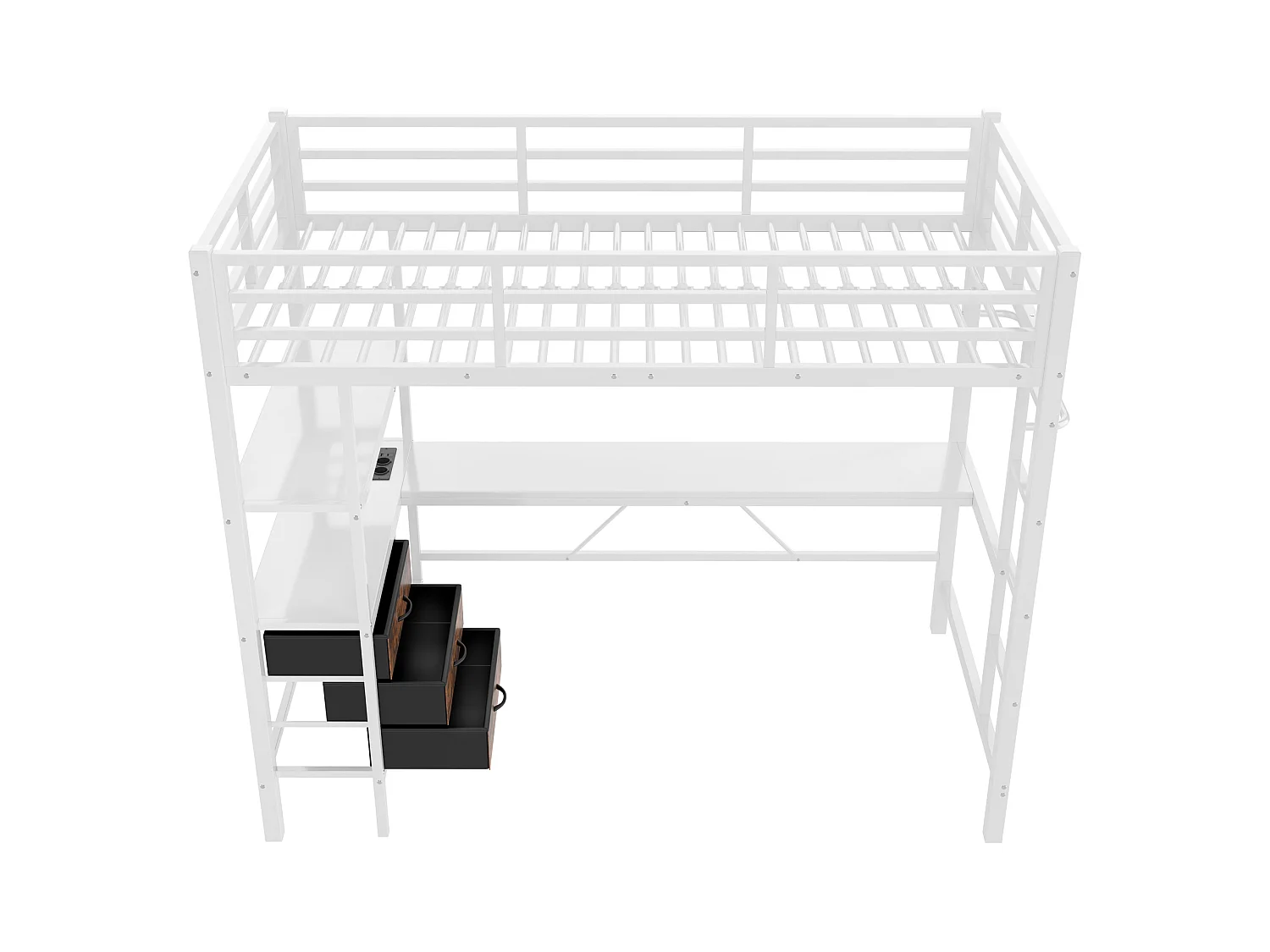 Lit mezzanine 90x200 cm - avec éclairage LED - avec bureau - avec 3 tiroirs - blanc (sans matelas)