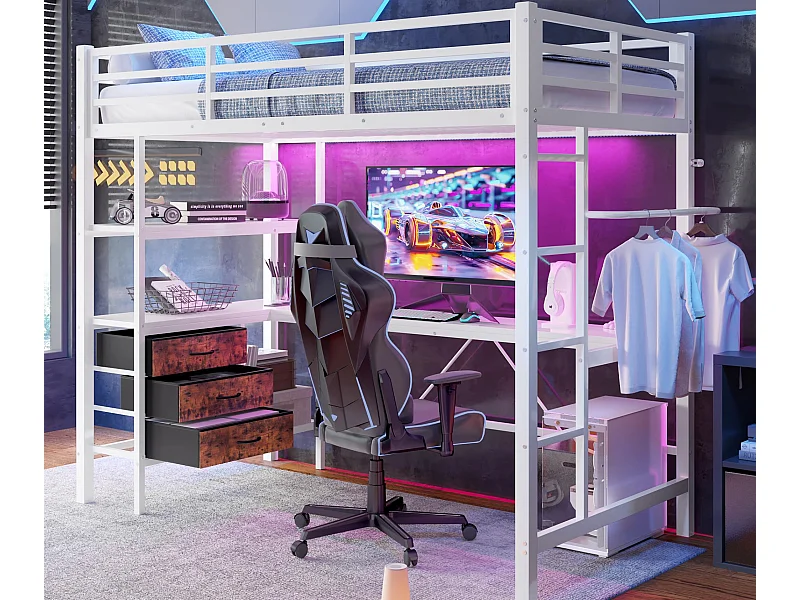 Lit mezzanine 90x200 cm - avec éclairage LED - avec bureau - avec 3 tiroirs - blanc (sans matelas)