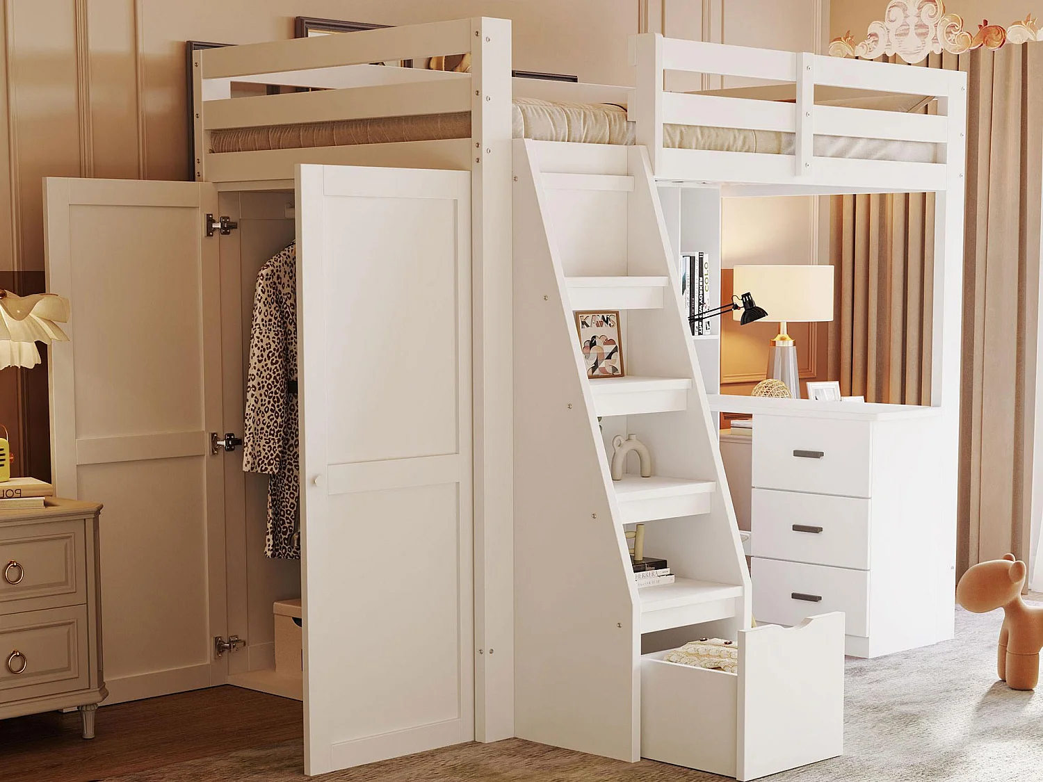Łóżko antresolowe dziecięce 90x200 cm - z drabinką zabezpieczającą - z szafą i 1 szufladą - białe