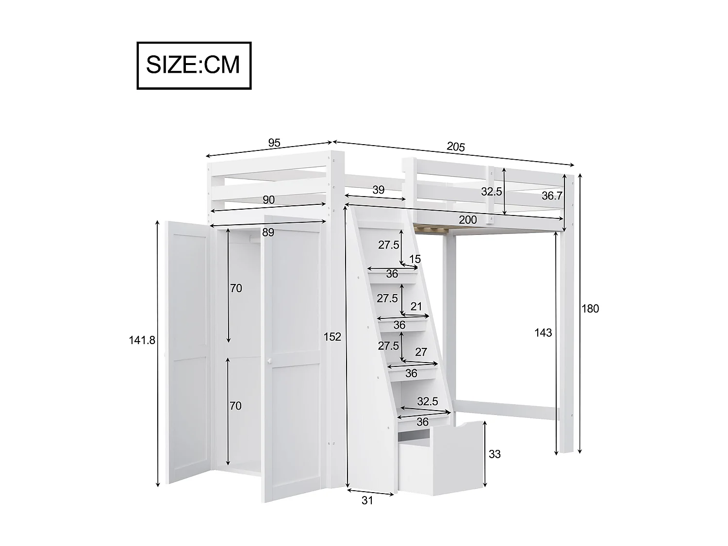 Łóżko antresolowe dziecięce 90x200 cm - z drabinką zabezpieczającą - z szafą i 1 szufladą - białe