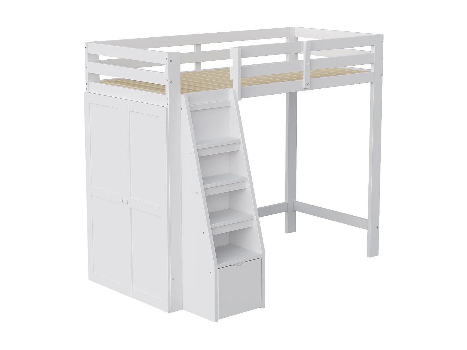Łóżko antresolowe dziecięce 90x200 cm - z drabinką zabezpieczającą - z szafą i 1 szufladą - białe