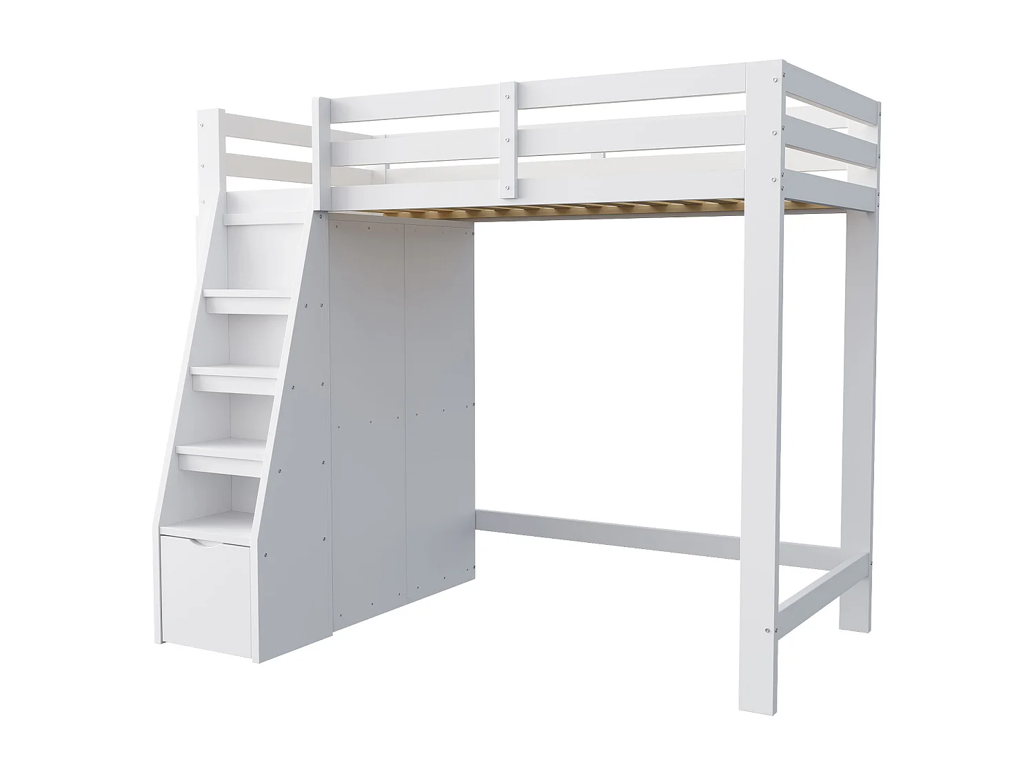 Łóżko antresolowe dziecięce 90x200 cm - z drabinką zabezpieczającą - z szafą i 1 szufladą - białe
