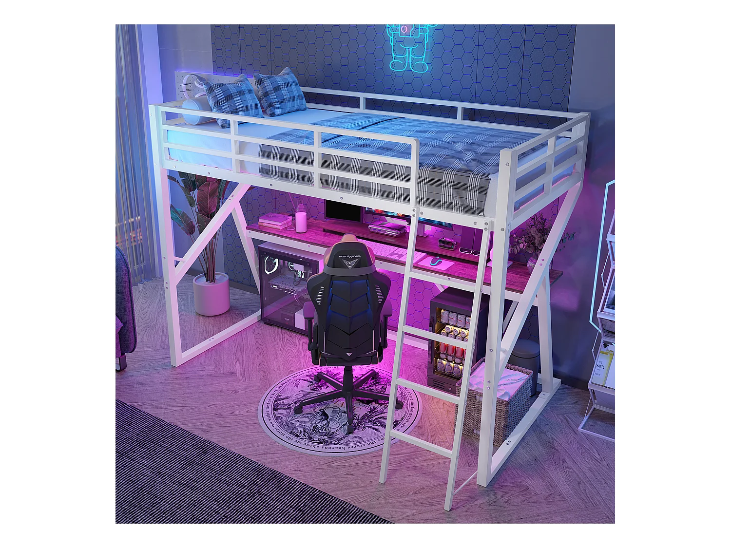 Mezzaninebed 90x200 cm - metalen frame - met LED-verlichting - met oprit + ladder - met bureau - wit