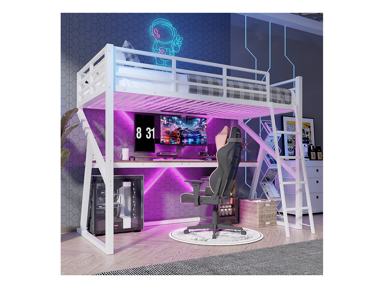 Mezzaninebed 90x200 cm - metalen frame - met LED-verlichting - met oprit + ladder - met bureau - wit