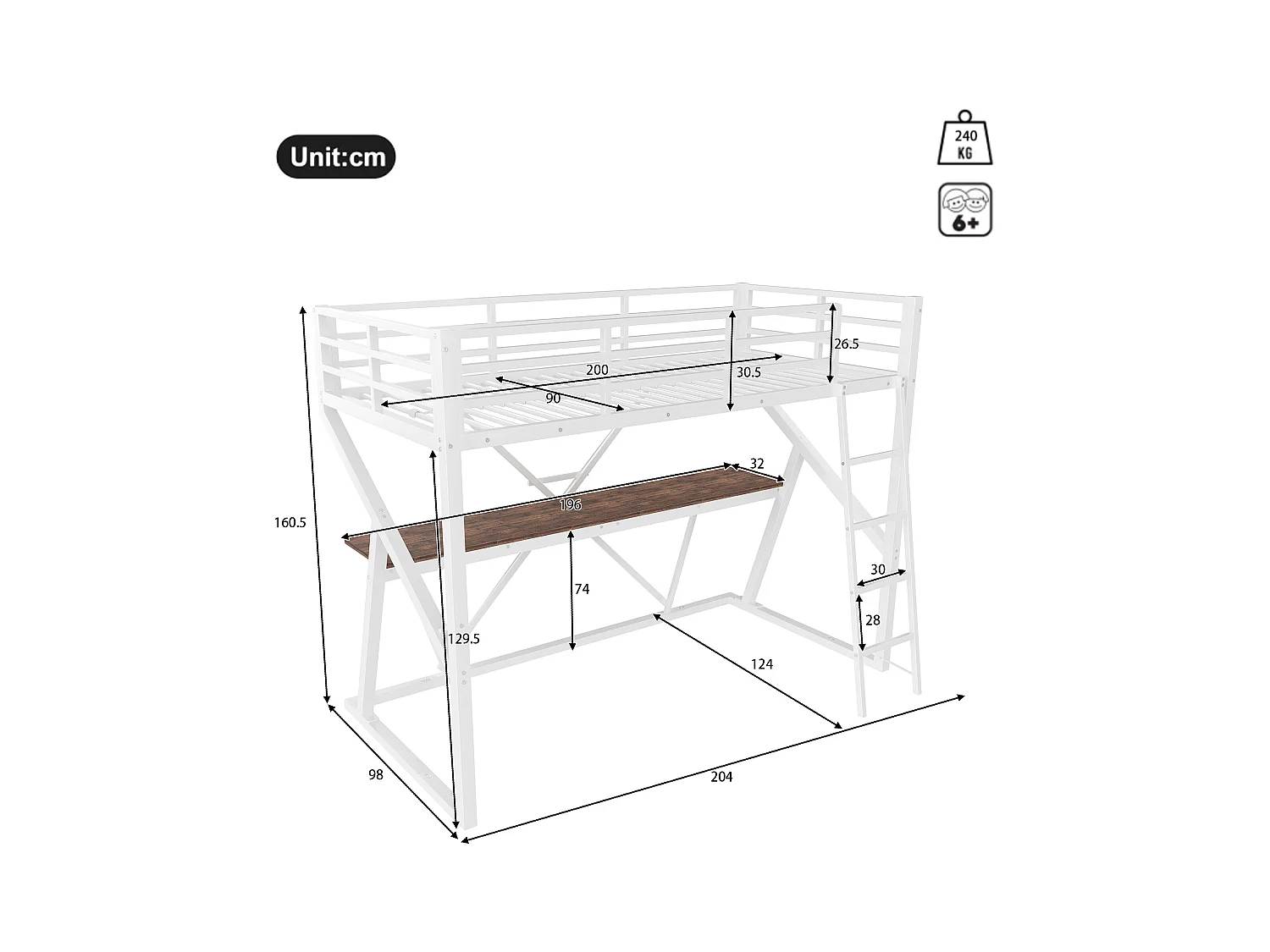 Mezzaninebed 90x200 cm - metalen frame - met LED-verlichting - met oprit + ladder - met bureau - wit