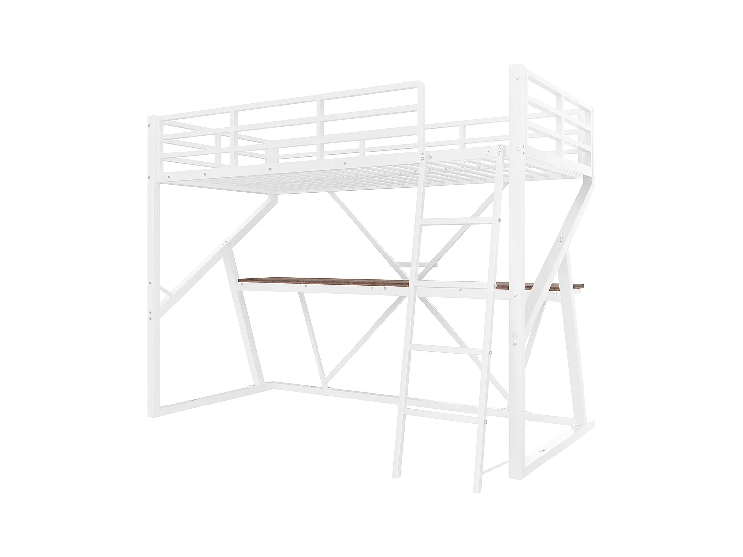 Mezzaninebed 90x200 cm - metalen frame - met LED-verlichting - met oprit + ladder - met bureau - wit