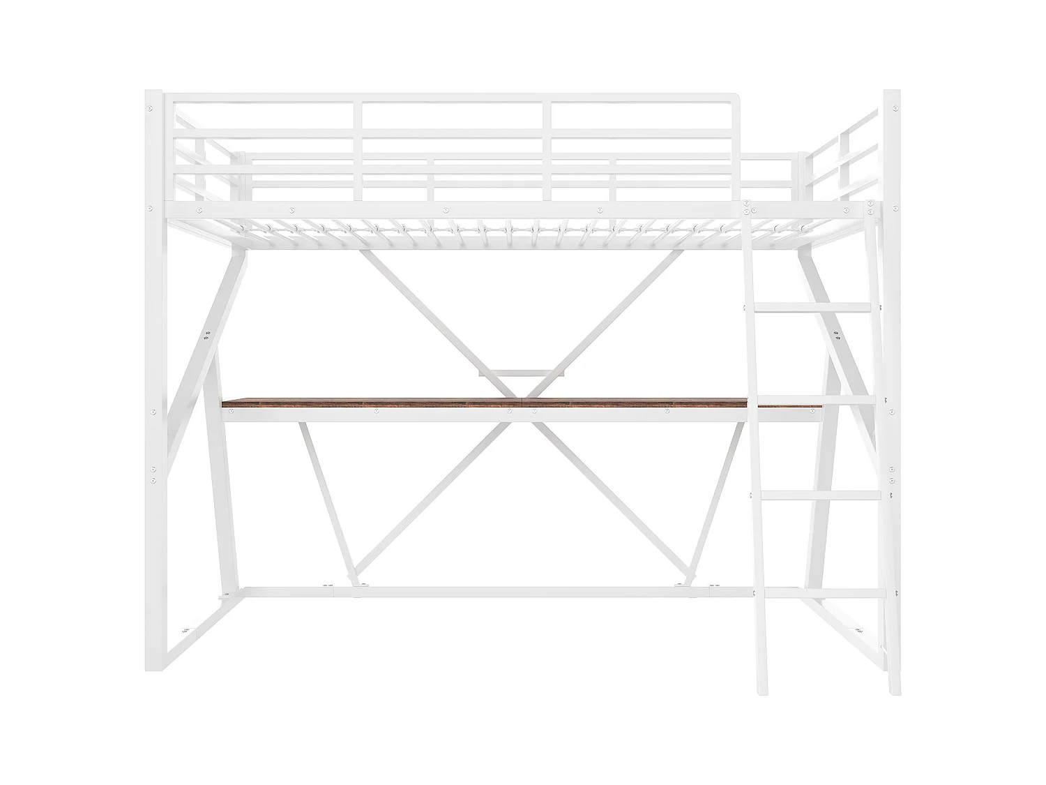 Mezzaninebed 90x200 cm - metalen frame - met LED-verlichting - met oprit + ladder - met bureau - wit