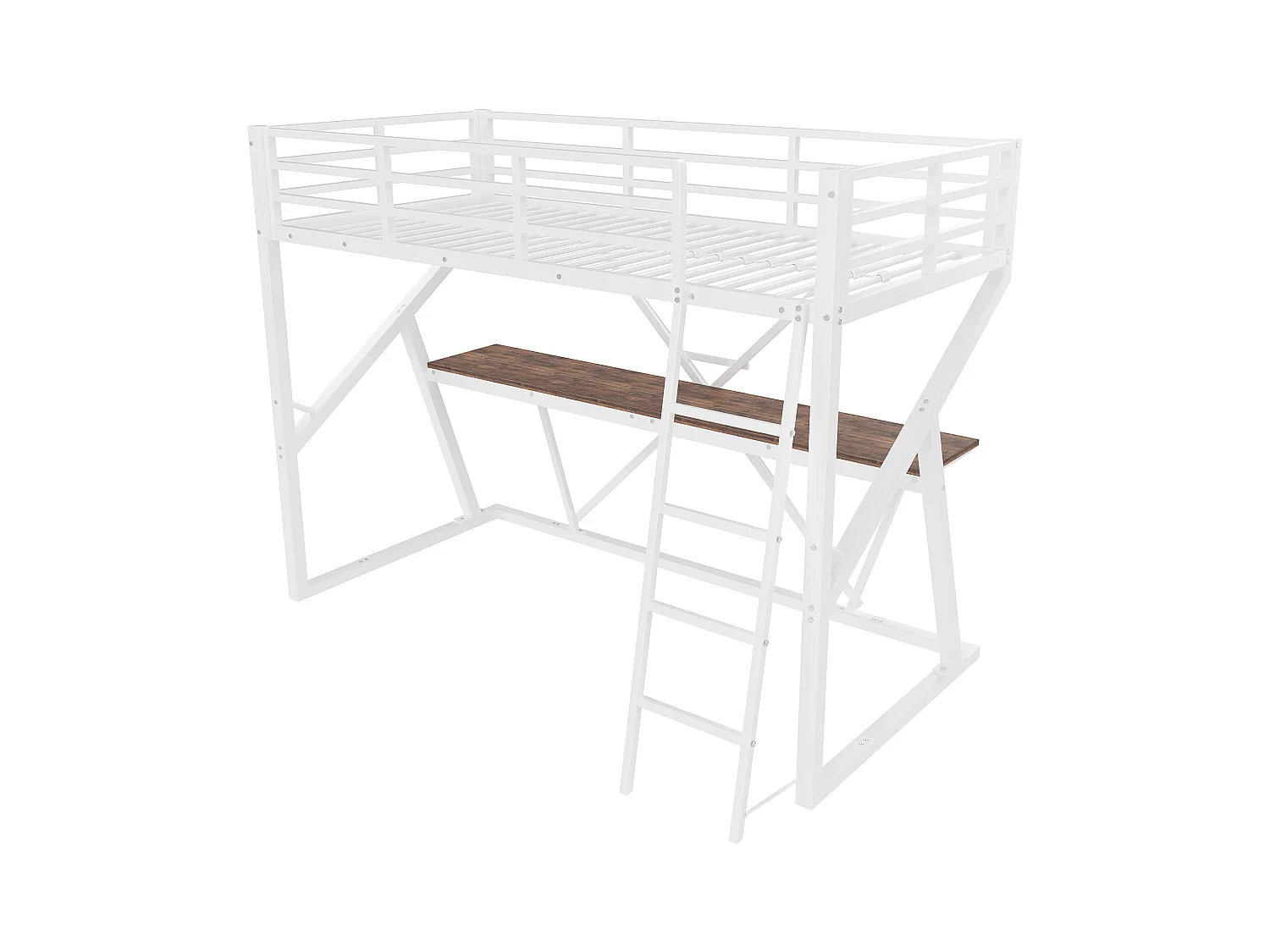 Mezzaninebed 90x200 cm - metalen frame - met LED-verlichting - met oprit + ladder - met bureau - wit