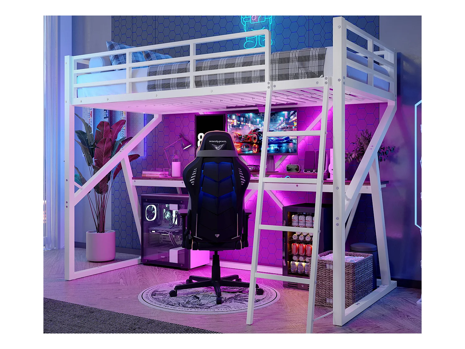 Lit mezzanine 90x200cm - structure en fer - avec éclairage LED - avec rampe + escalier - avec bureau - blanc