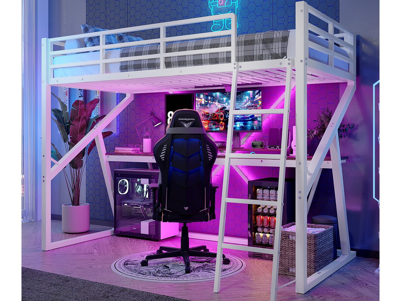 Lit Mezzanine 140x200cm Gaming Avec Bureau, LED Et Ports USB Type C Blanc