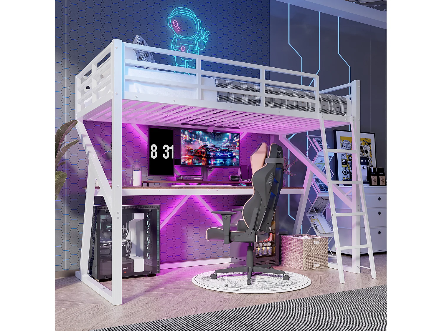 Lit mezzanine 90x200cm - structure en fer - avec éclairage LED - avec rampe + escalier - avec bureau - blanc