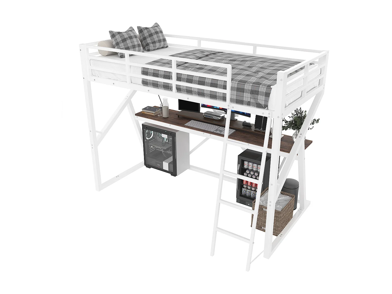 Lit mezzanine 90x200cm - structure en fer - avec éclairage LED - avec rampe + escalier - avec bureau - blanc