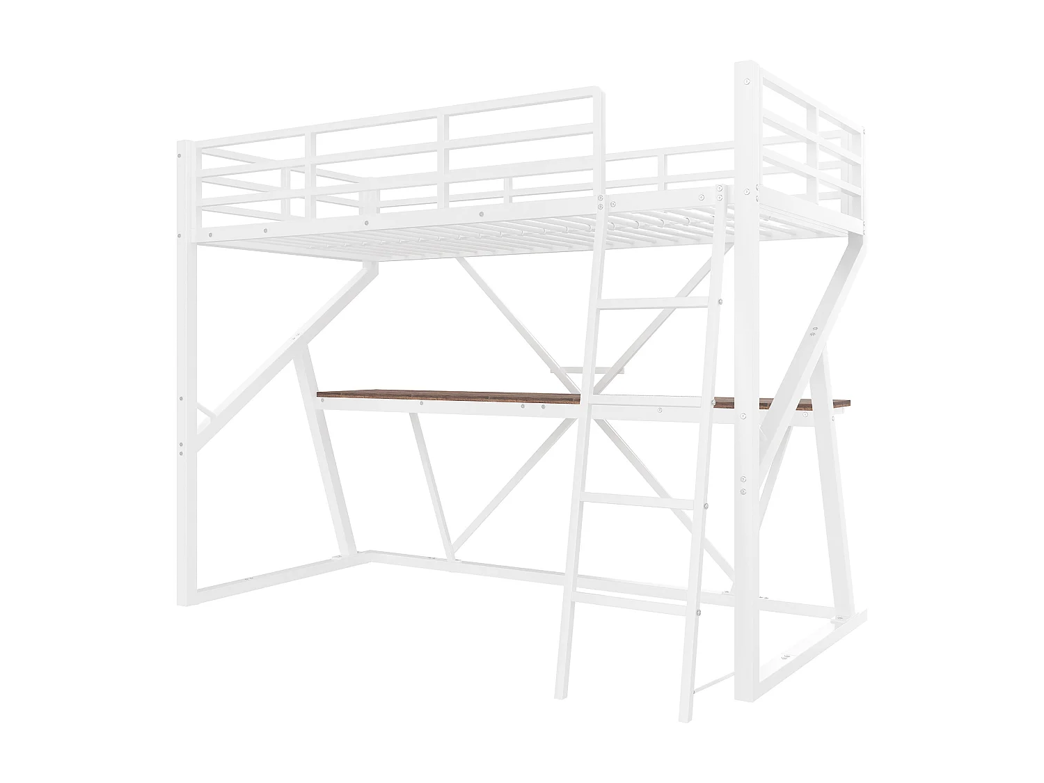 Lit mezzanine 90x200cm - structure en fer - avec éclairage LED - avec rampe + escalier - avec bureau - blanc