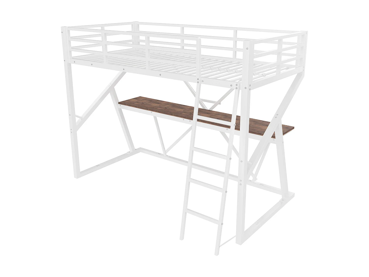 Lit mezzanine 90x200cm - structure en fer - avec éclairage LED - avec rampe + escalier - avec bureau - blanc