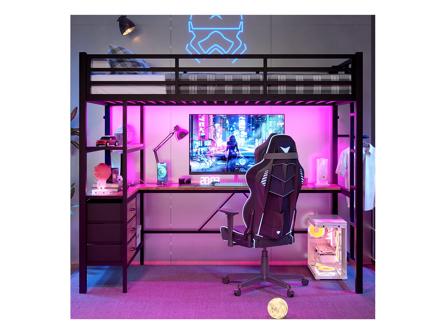 Lit mezzanine 90x200 cm - avec éclairage LED - avec bureau - avec 3 tiroirs - noir (sans matelas)