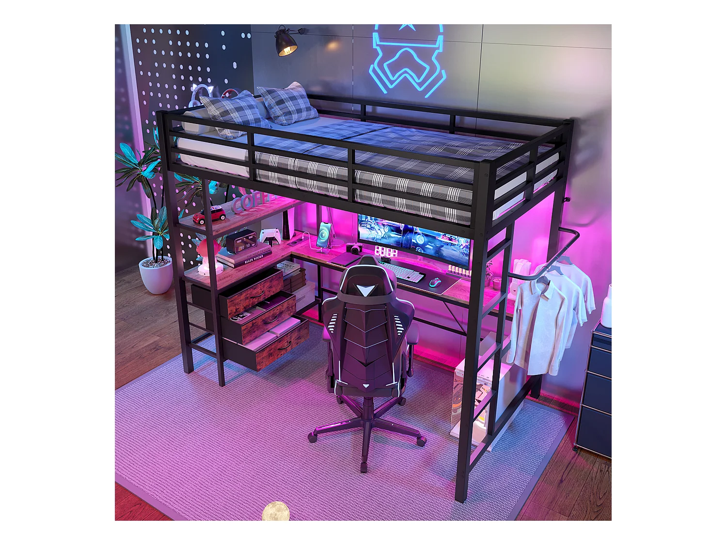 Lit mezzanine 90x200 cm - avec éclairage LED - avec bureau - avec 3 tiroirs - noir (sans matelas)