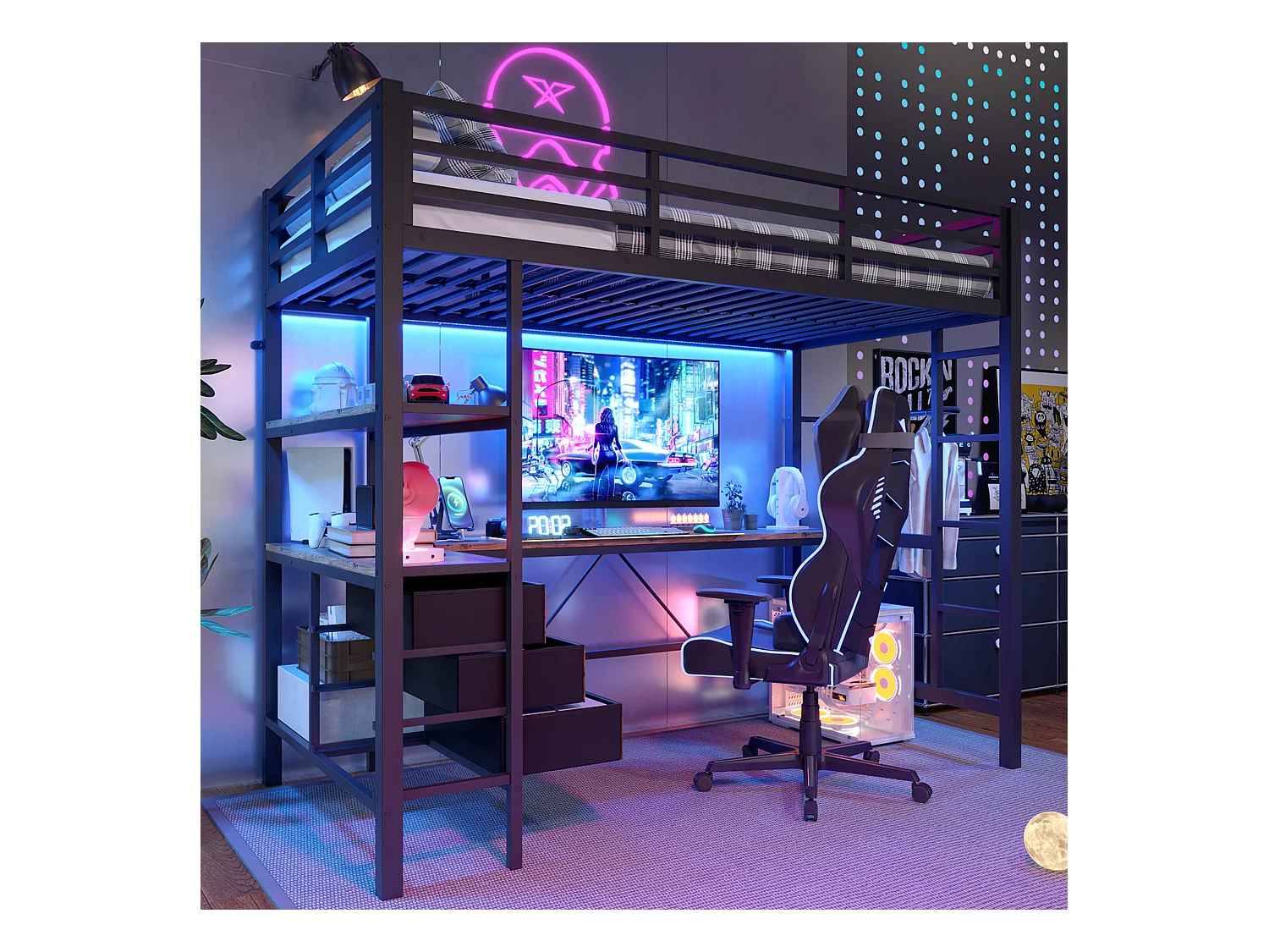 Lit mezzanine 90x200 cm - avec éclairage LED - avec bureau - avec 3 tiroirs - noir (sans matelas)