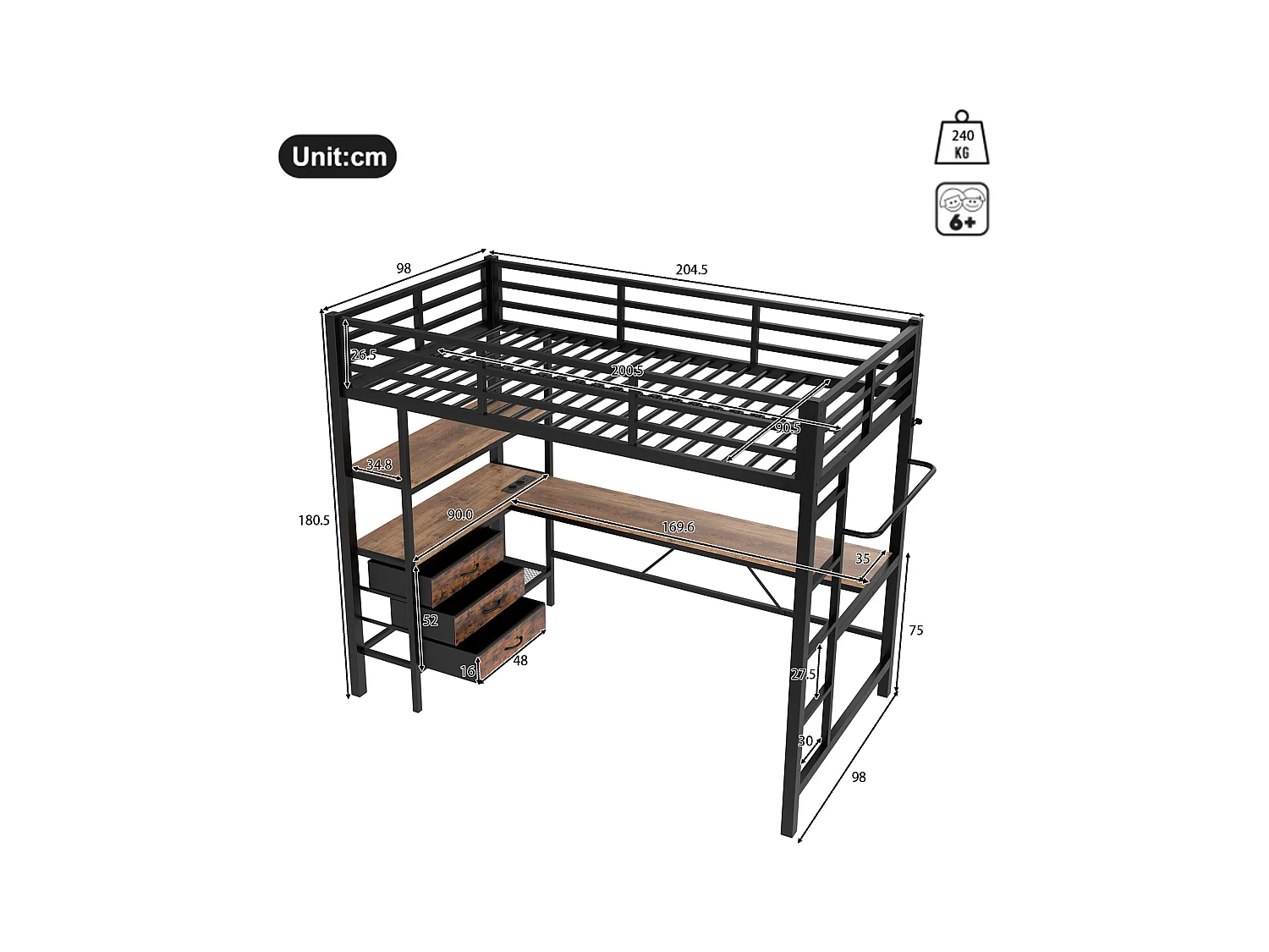 Lit mezzanine 90x200 cm - avec éclairage LED - avec bureau - avec 3 tiroirs - noir (sans matelas)