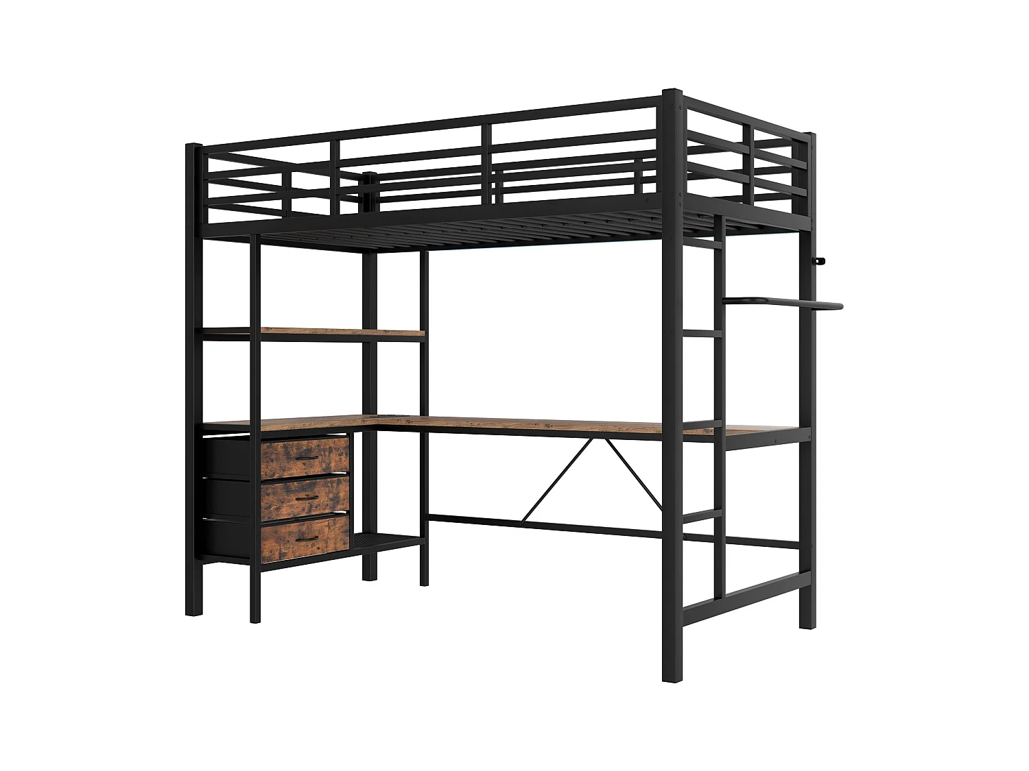 Lit mezzanine 90x200 cm - avec éclairage LED - avec bureau - avec 3 tiroirs - noir (sans matelas)